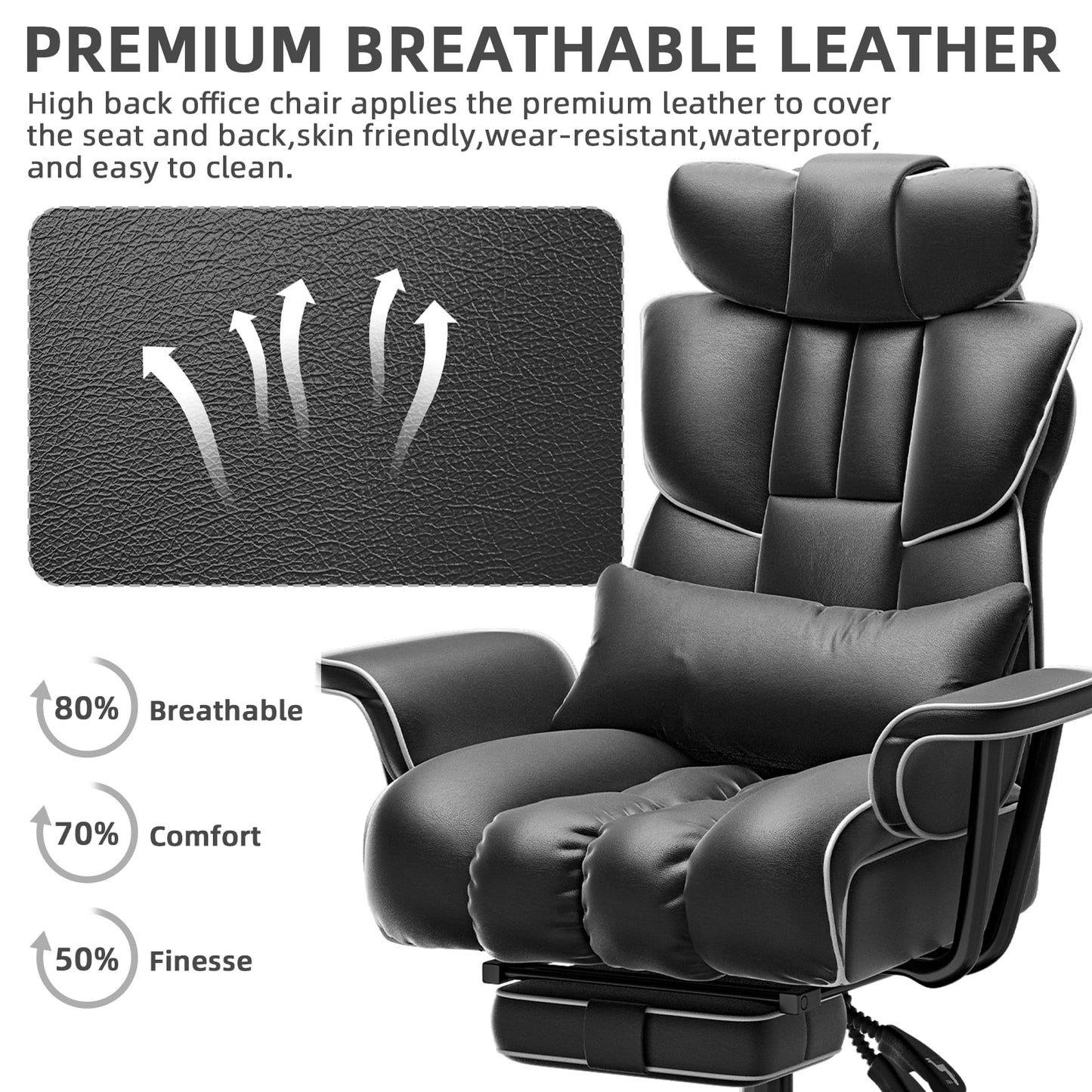 Big and Tall Executive Office Chair, Ergonomic PU Leather Office Chair, Reclining Office Chair with Footrest, Heavy Duty Desk Chair, Black