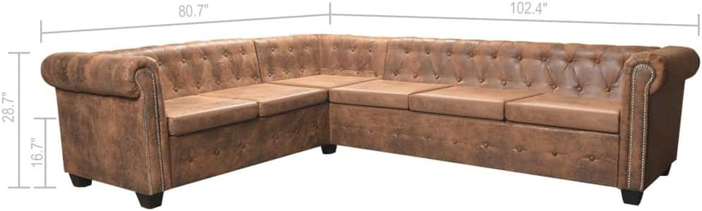 Chesterfield Corner Sofa, L Shape 6-Seater Sectional Sofa Faux Leather with Cushions Brown