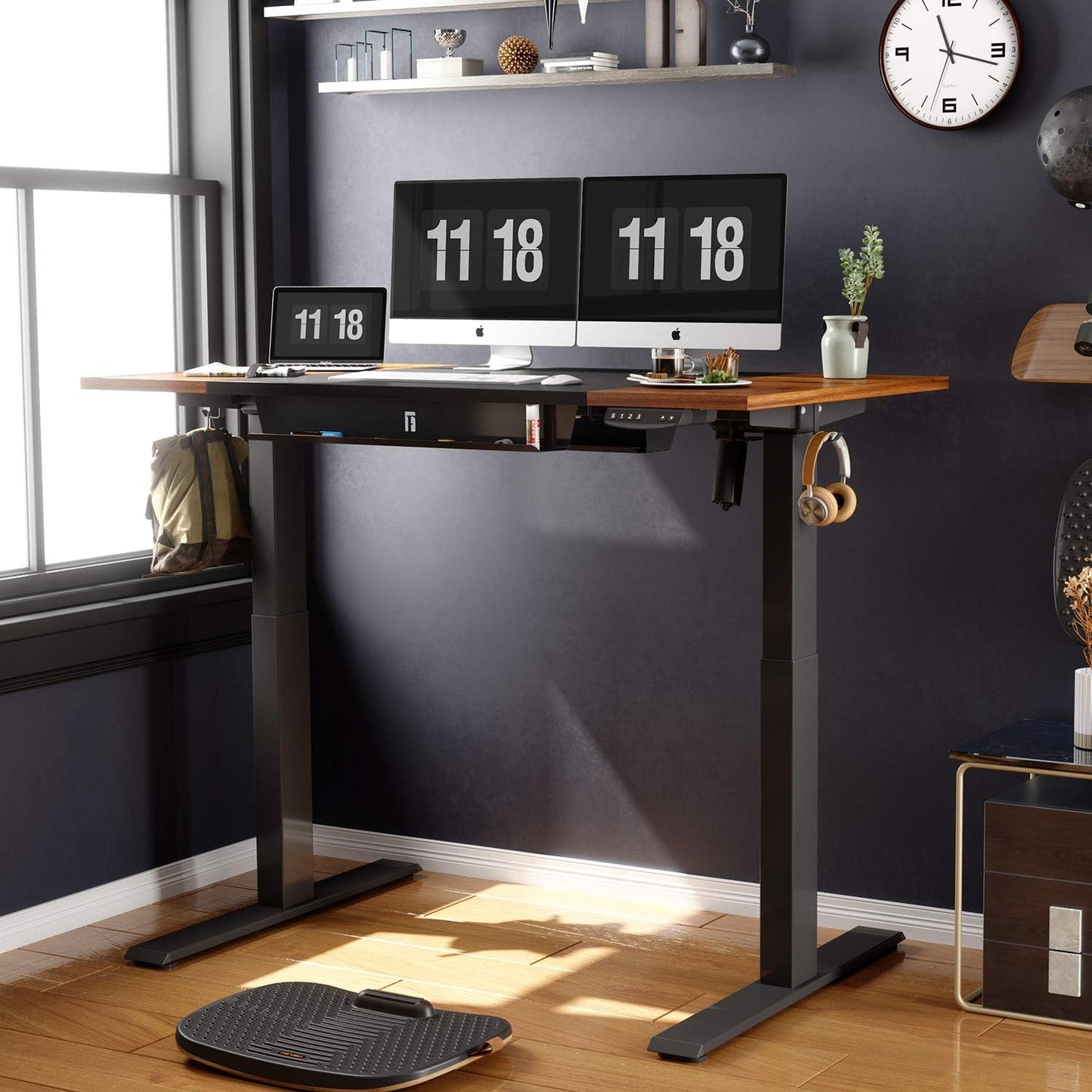 55 X 24 Height Adjustable Electric Standing Desk with Pencil Holder, Stand up Desk, Sit Stand Desk with Espresso and Black Top and Black Frame