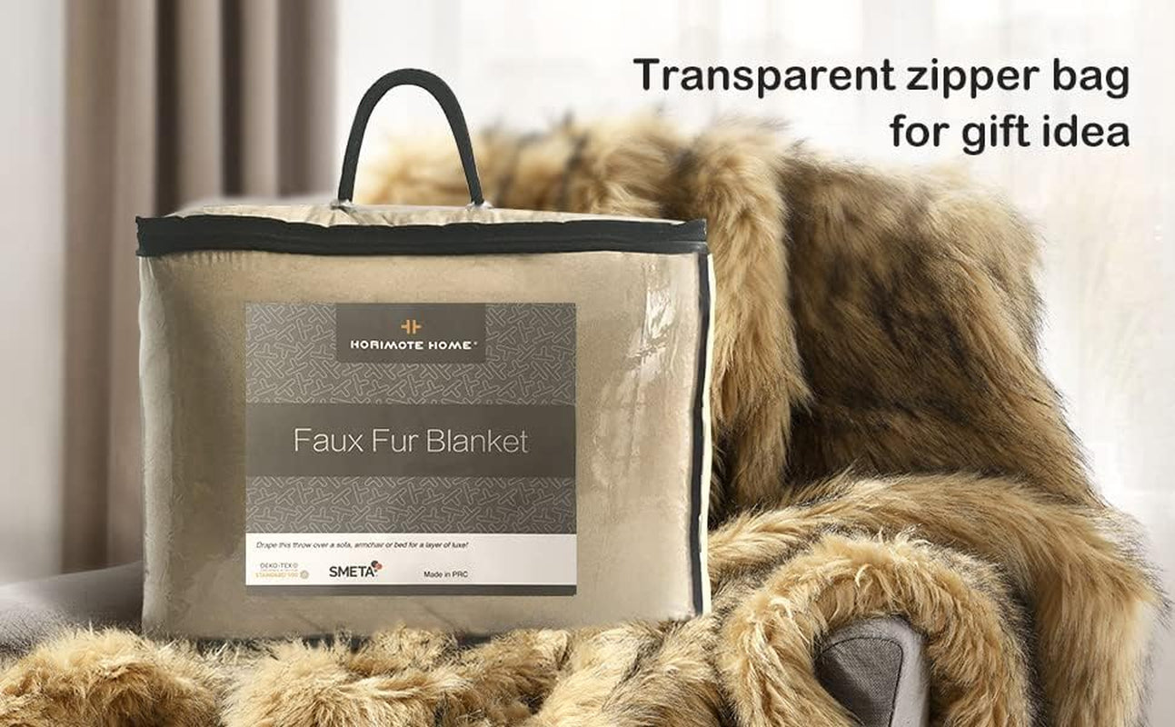 Luxury Plush Faux Fur Throw Blanket, Long Pile Golden Yellow with Black Tipped Blanket, Super Warm, Fuzzy, Elegant, Fluffy Decoration Blanket Scarf for Sofa, Armchair, Couch and Bed, 50''X 60''