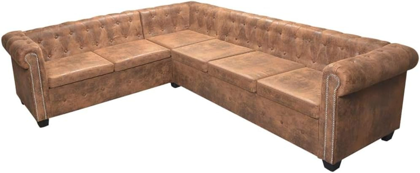 Chesterfield Corner Sofa, L Shape 6-Seater Sectional Sofa Faux Leather with Cushions Brown