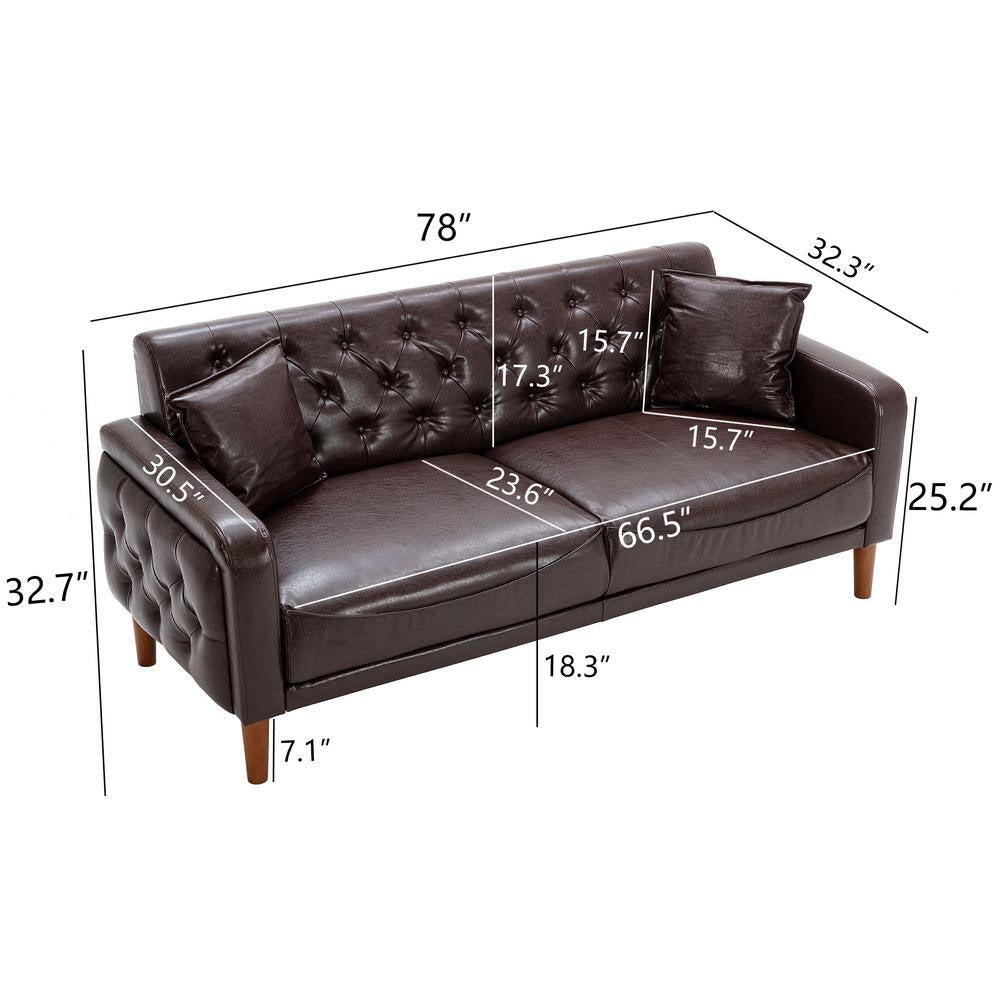 78 In. Wide Square Arm Faux Leather Mid-Century Modern Straight Tufted Sofa with Pillows in Brown