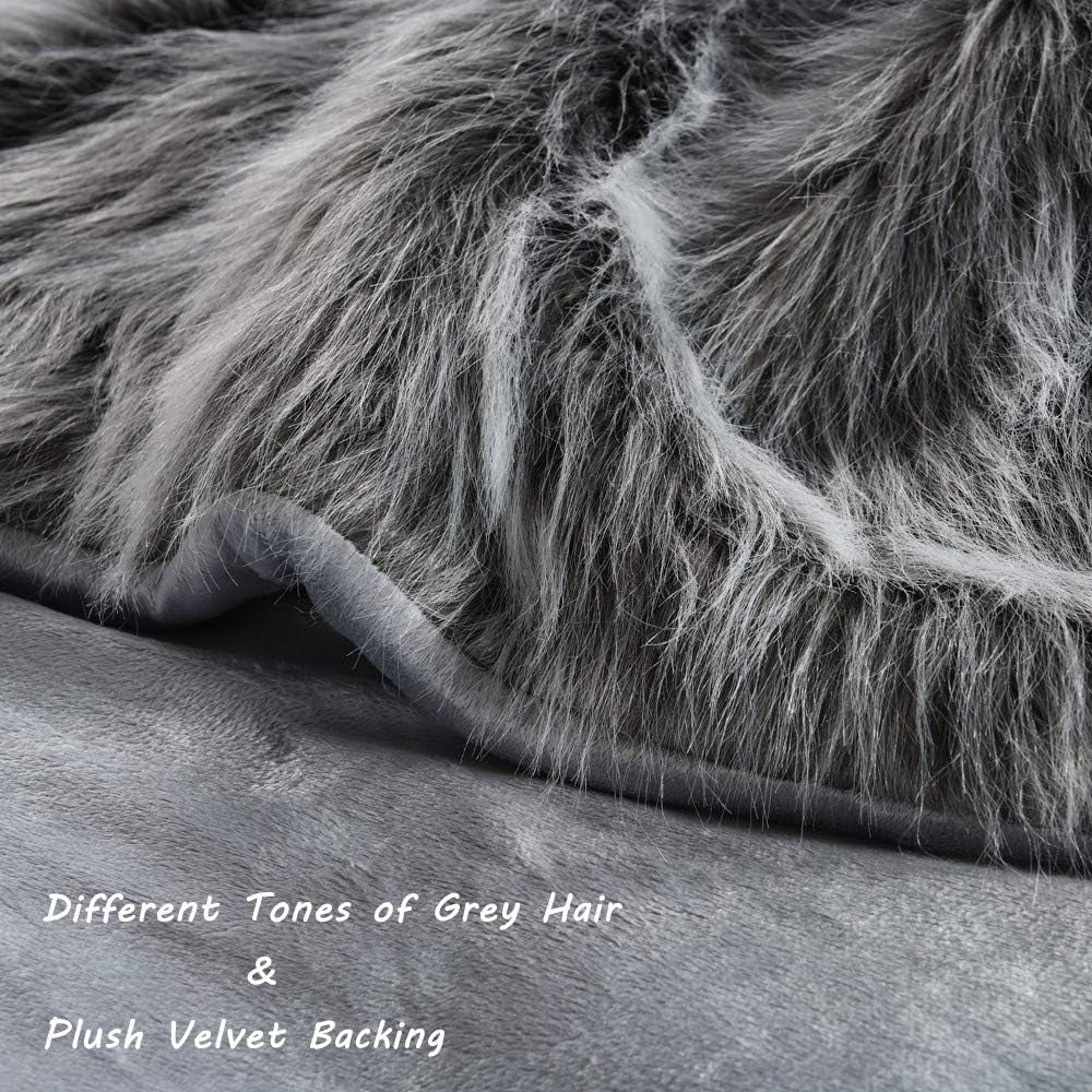 Luxury Faux Fur Throw Blanket, Grey and Black High Pile Mixed Throw Blanket, Super Warm, Fuzzy, Elegant, Fluffy Decoration Blanket Scarf for Sofa, Couch and Bed, 50''X 60''