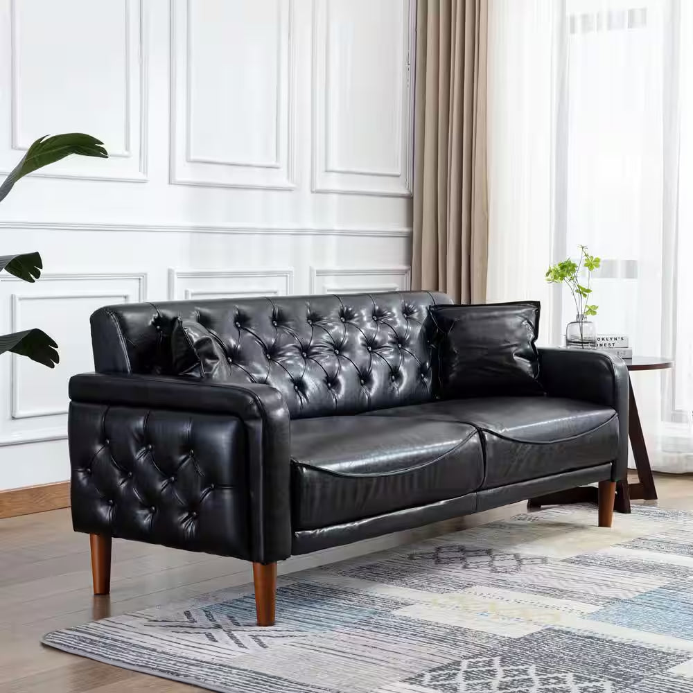 78 In. Wide Square Arm Faux Leather Mid-Century Modern Straight Tufted Sofa with Pillows in Black