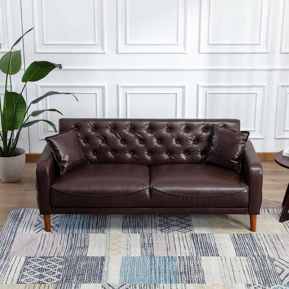 78 In. Wide Square Arm Faux Leather Mid-Century Modern Straight Tufted Sofa with Pillows in Brown