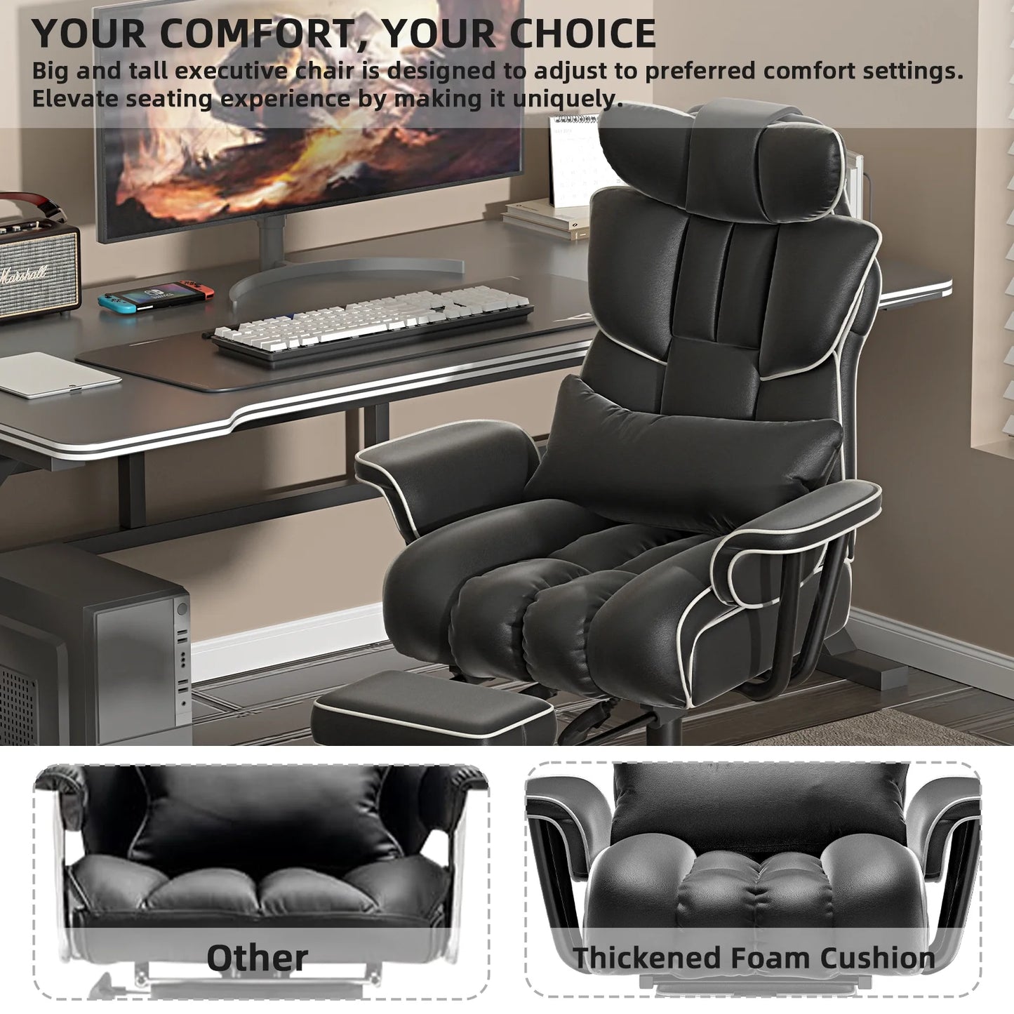 Big and Tall Executive Office Chair, Ergonomic PU Leather Office Chair, Reclining Office Chair with Footrest, Heavy Duty Desk Chair, Black