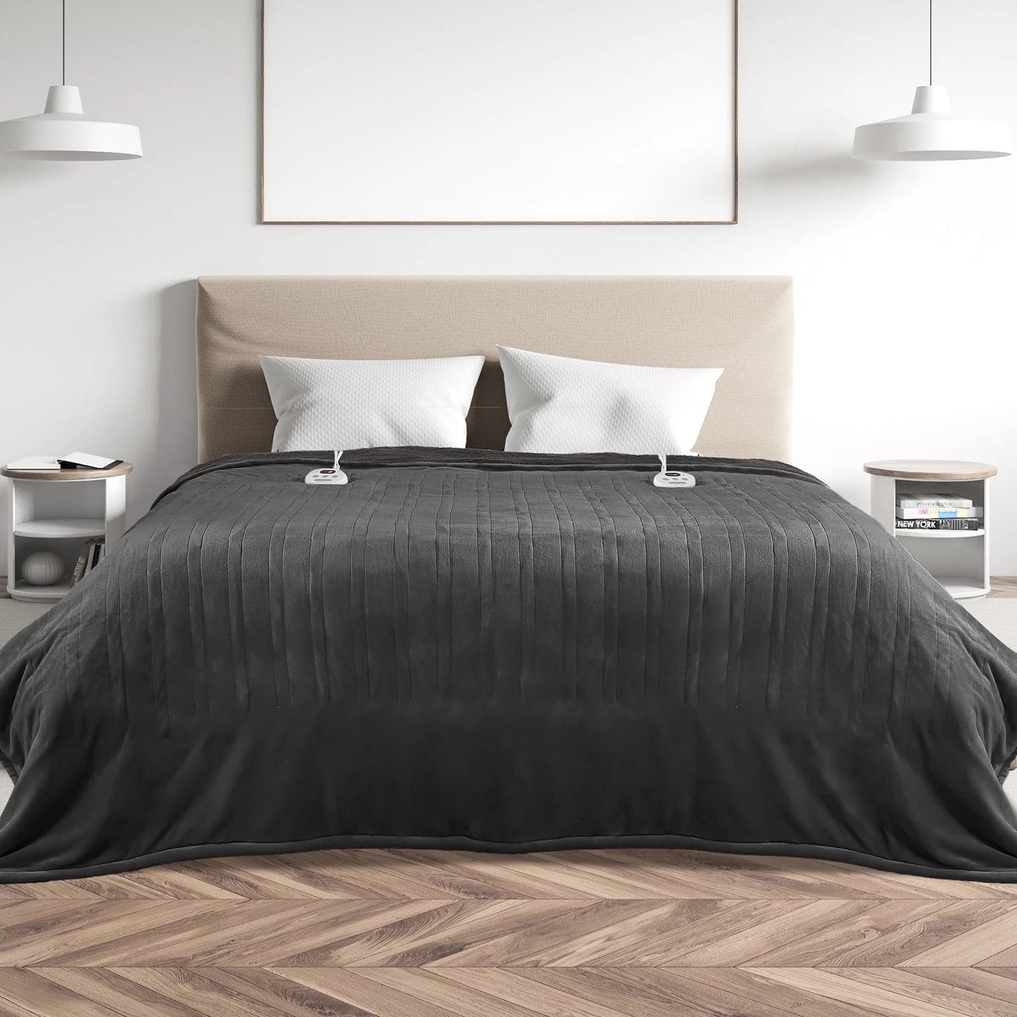 Luxurious Queen Size Electric Heated Blanket - Fast Heating, Dual Controllers, 10 Levels & Timers, Preheat Function, Machine Washable - Cozy Gray