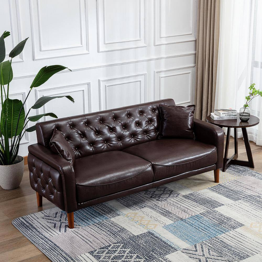 78 In. Wide Square Arm Faux Leather Mid-Century Modern Straight Tufted Sofa with Pillows in Brown