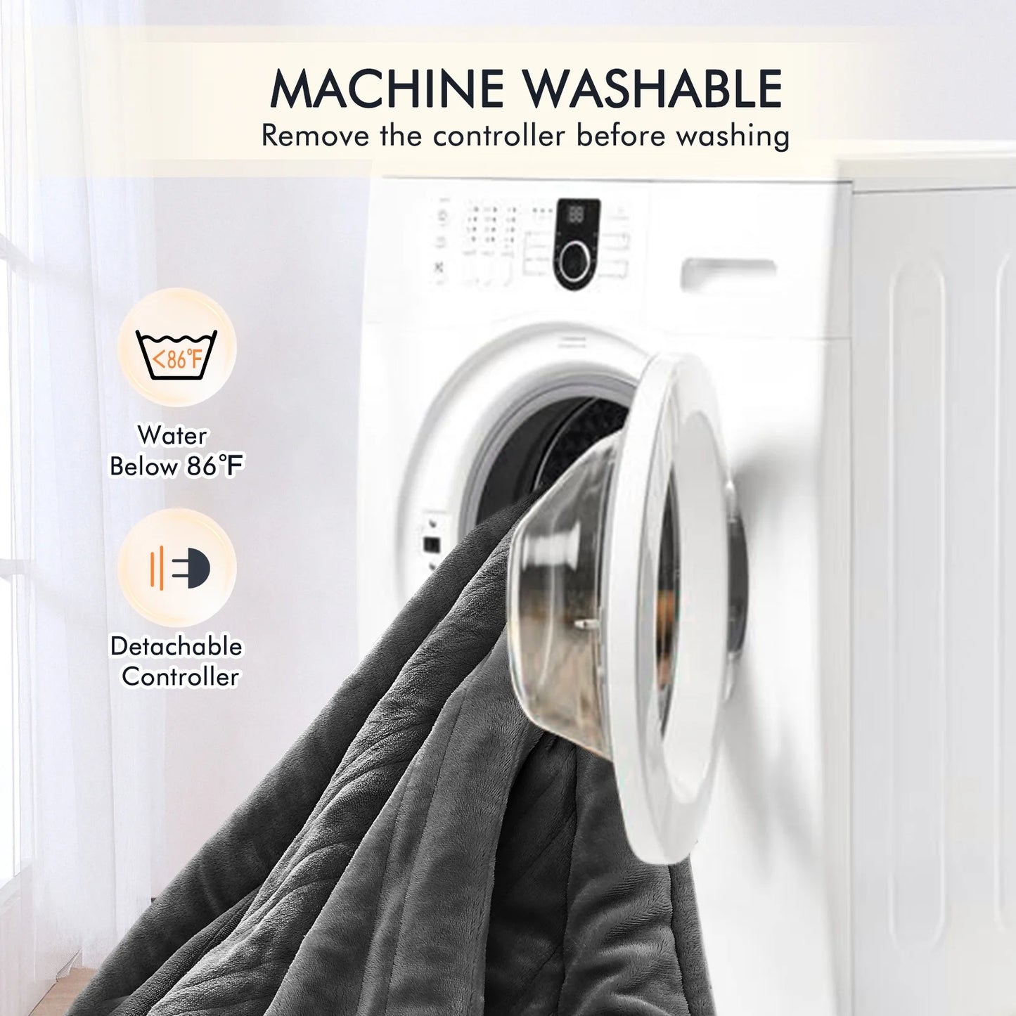 Luxurious Queen Size Electric Heated Blanket - Fast Heating, Dual Controllers, 10 Levels & Timers, Preheat Function, Machine Washable - Cozy Gray