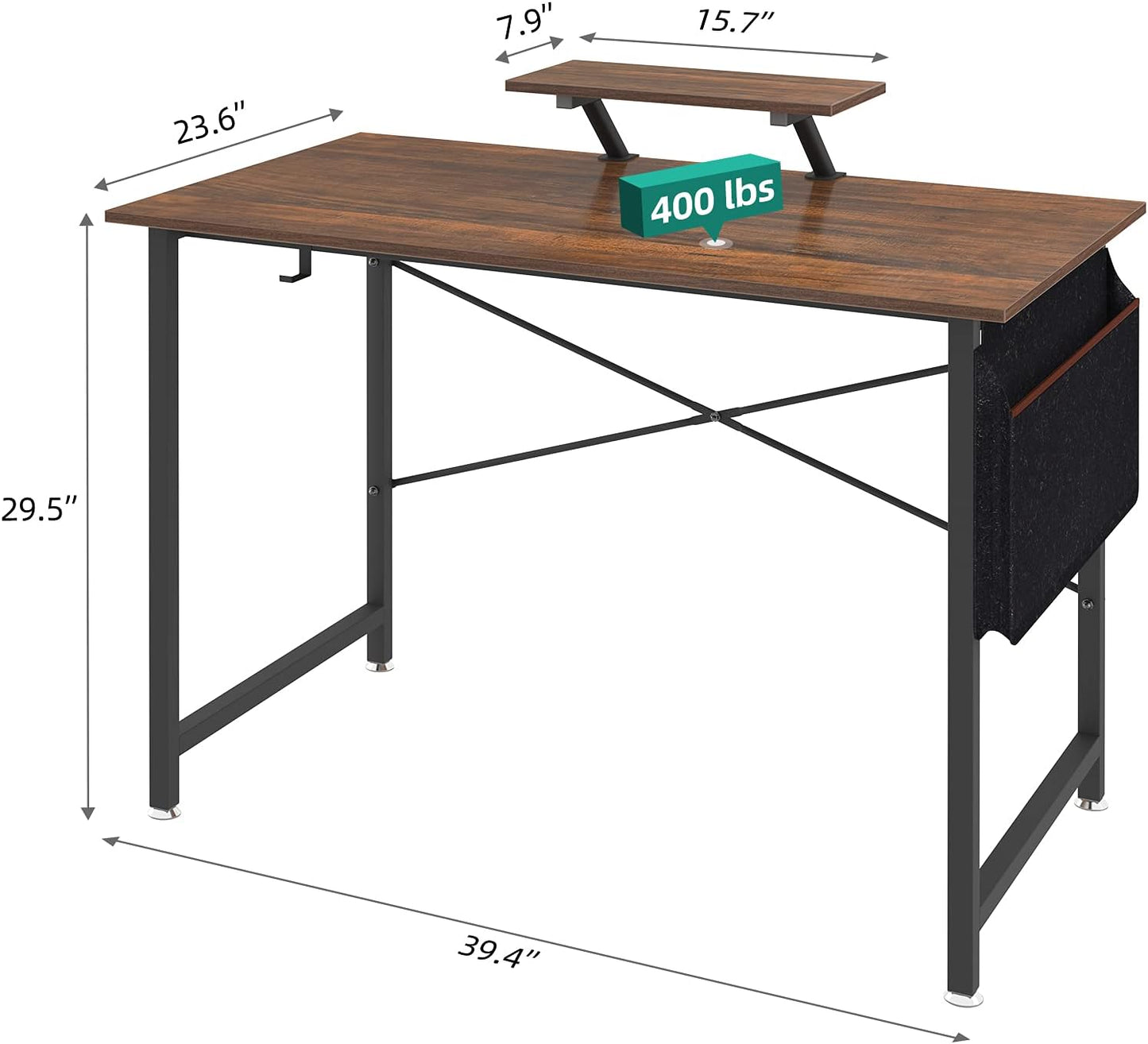 Computer Desk, 39 Inches Modern Sturdy Office Desks with Storage Pocket and Monitor Shelf Small Writing Table for Home Office, Retro Brown,Ftofod-9005