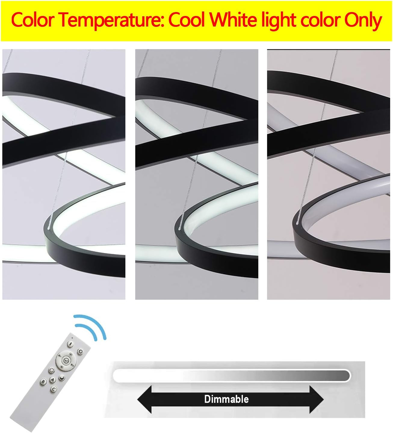 Dimmable Modern LED 3-Ring Chandelier - Sleek Ceiling Light for Dining Room, Living Room, and Bedroom - Contemporary Black & Cool White Design