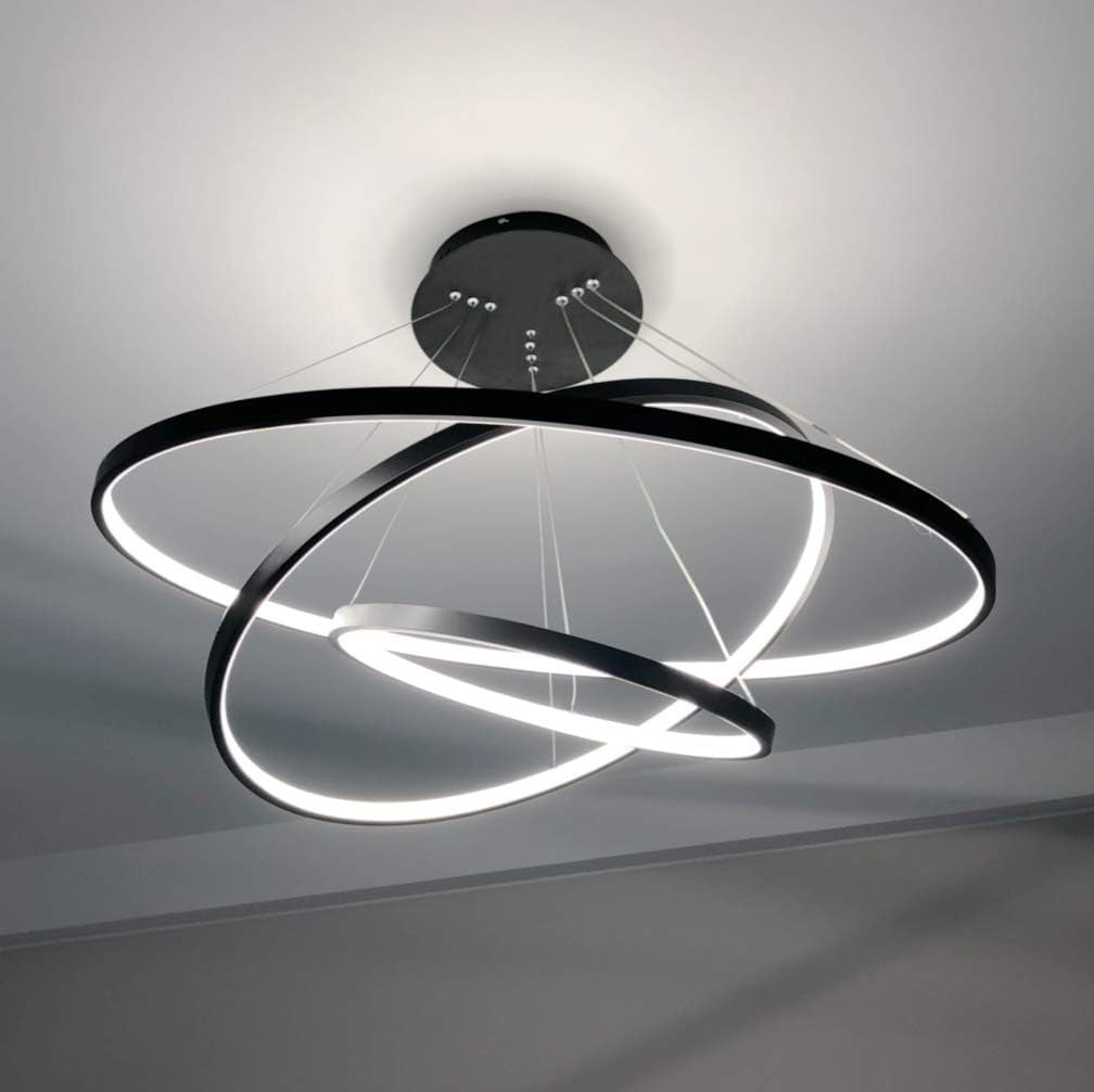 Dimmable Modern LED 3-Ring Chandelier - Sleek Ceiling Light for Dining Room, Living Room, and Bedroom - Contemporary Black & Cool White Design