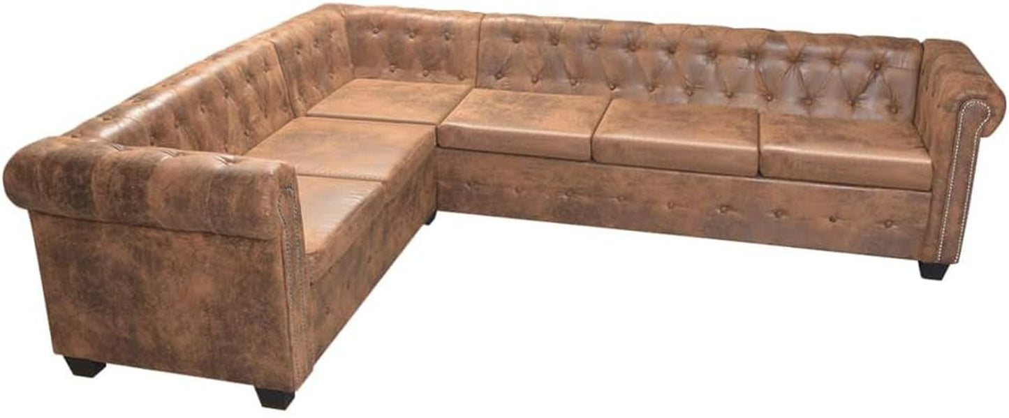Chesterfield Corner Sofa, L Shape 6-Seater Sectional Sofa Faux Leather with Cushions Brown