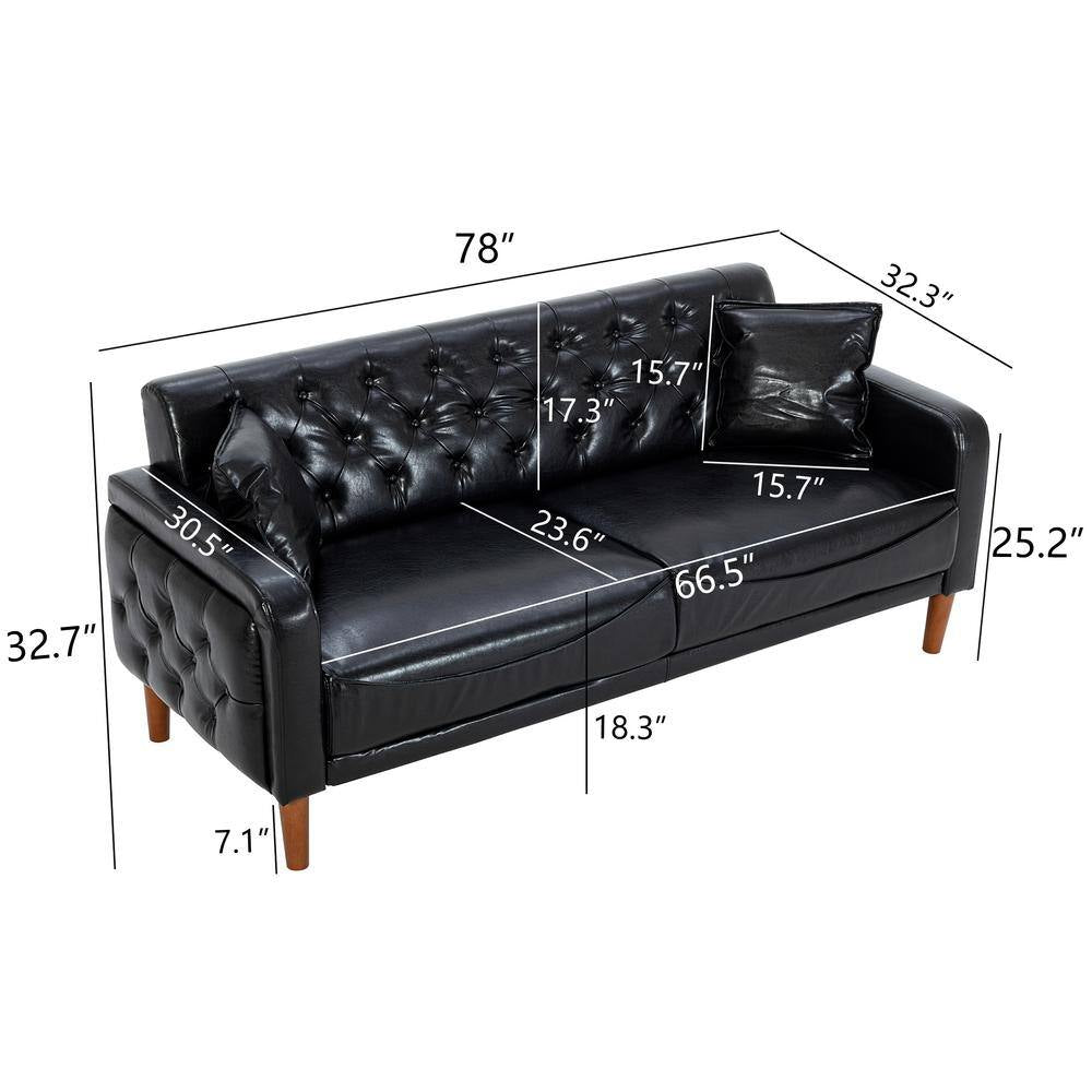 78 In. Wide Square Arm Faux Leather Mid-Century Modern Straight Tufted Sofa with Pillows in Black
