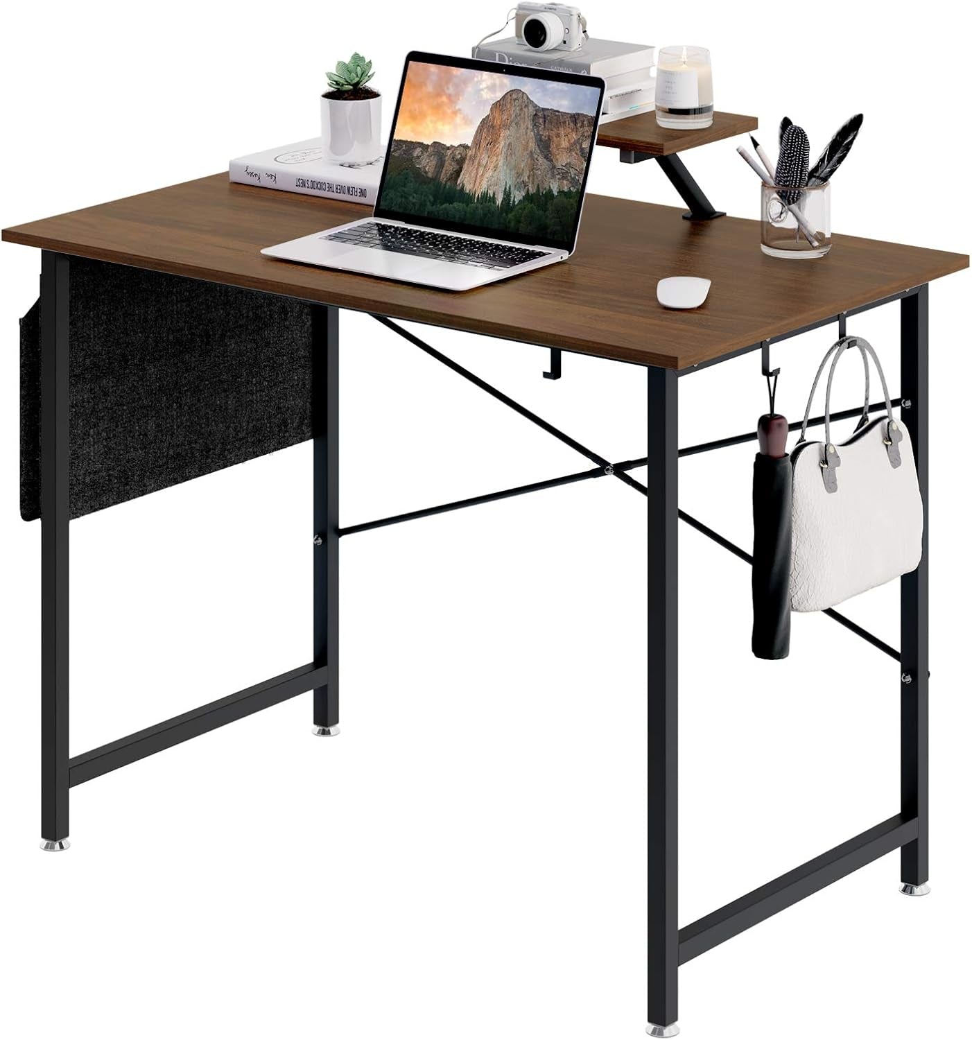Computer Desk, 39 Inches Modern Sturdy Office Desks with Storage Pocket and Monitor Shelf Small Writing Table for Home Office, Retro Brown,Ftofod-9005