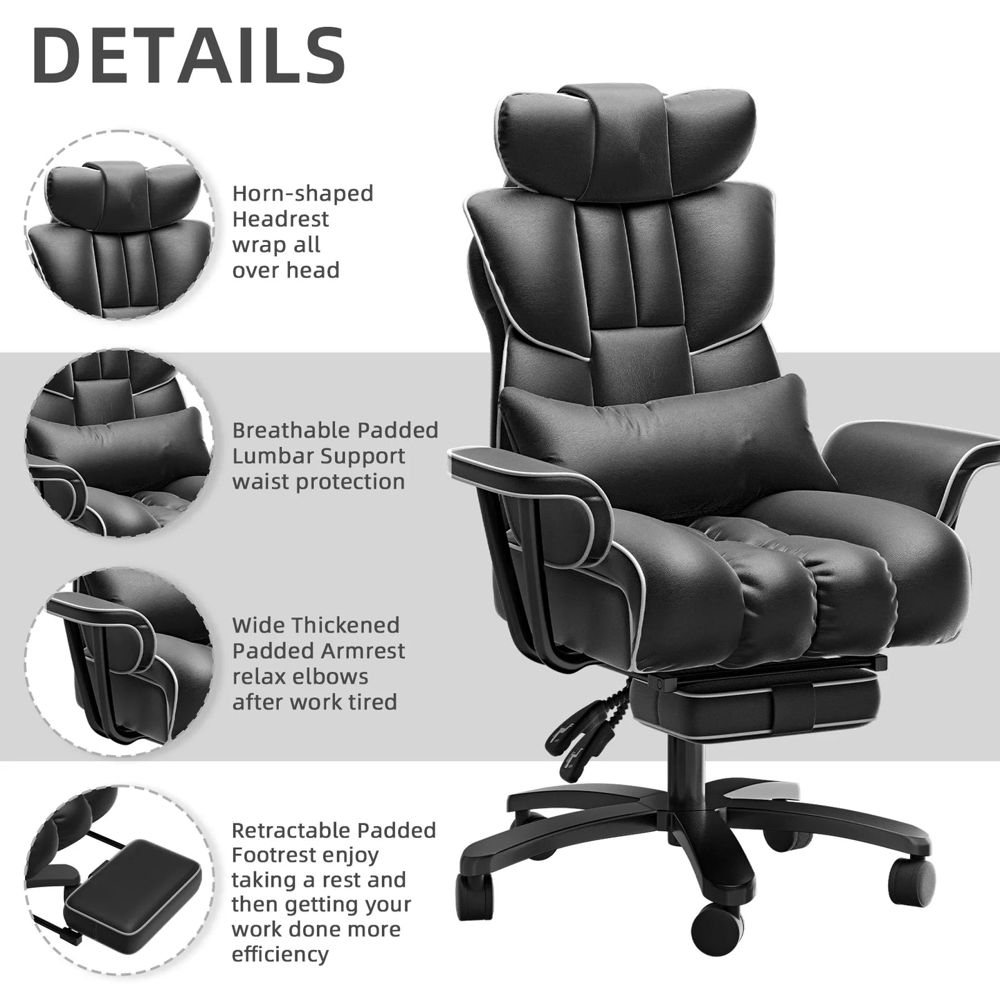 Big and Tall Executive Office Chair, Ergonomic PU Leather Office Chair, Reclining Office Chair with Footrest, Heavy Duty Desk Chair, Black