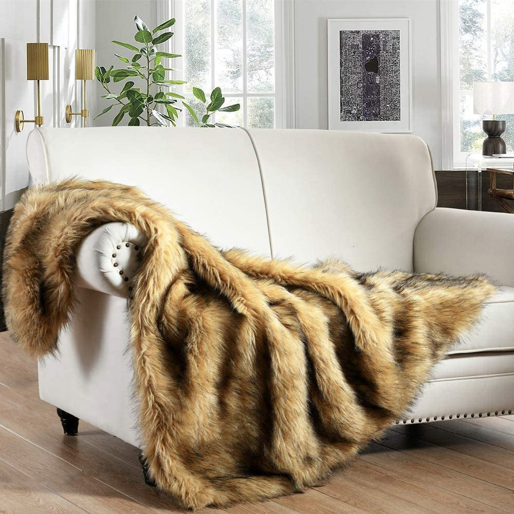 Luxury Plush Faux Fur Throw Blanket, Long Pile Golden Yellow with Black Tipped Blanket, Super Warm, Fuzzy, Elegant, Fluffy Decoration Blanket Scarf for Sofa, Armchair, Couch and Bed, 50''X 60''