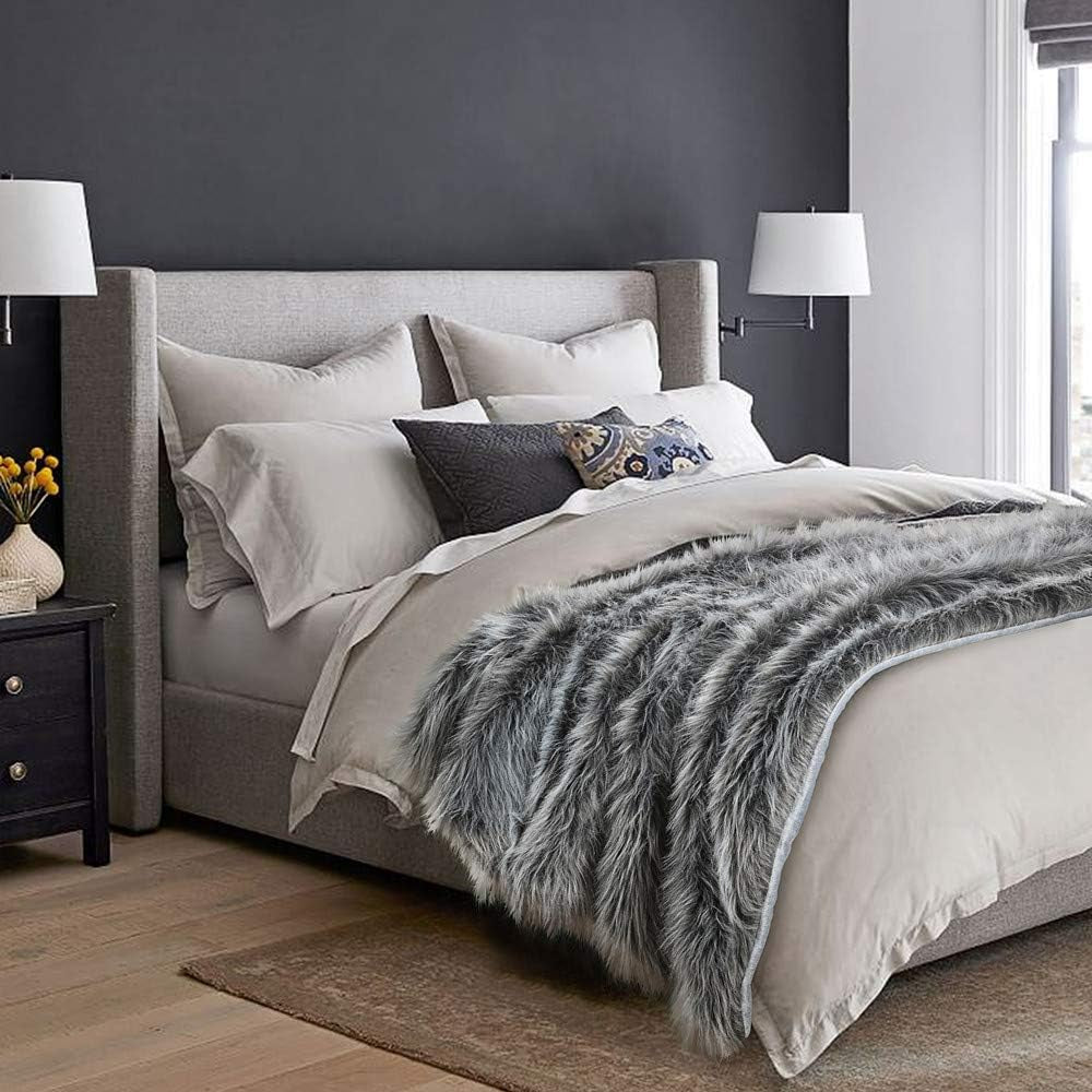 Luxury Faux Fur Throw Blanket, Grey and Black High Pile Mixed Throw Blanket, Super Warm, Fuzzy, Elegant, Fluffy Decoration Blanket Scarf for Sofa, Couch and Bed, 50''X 60''
