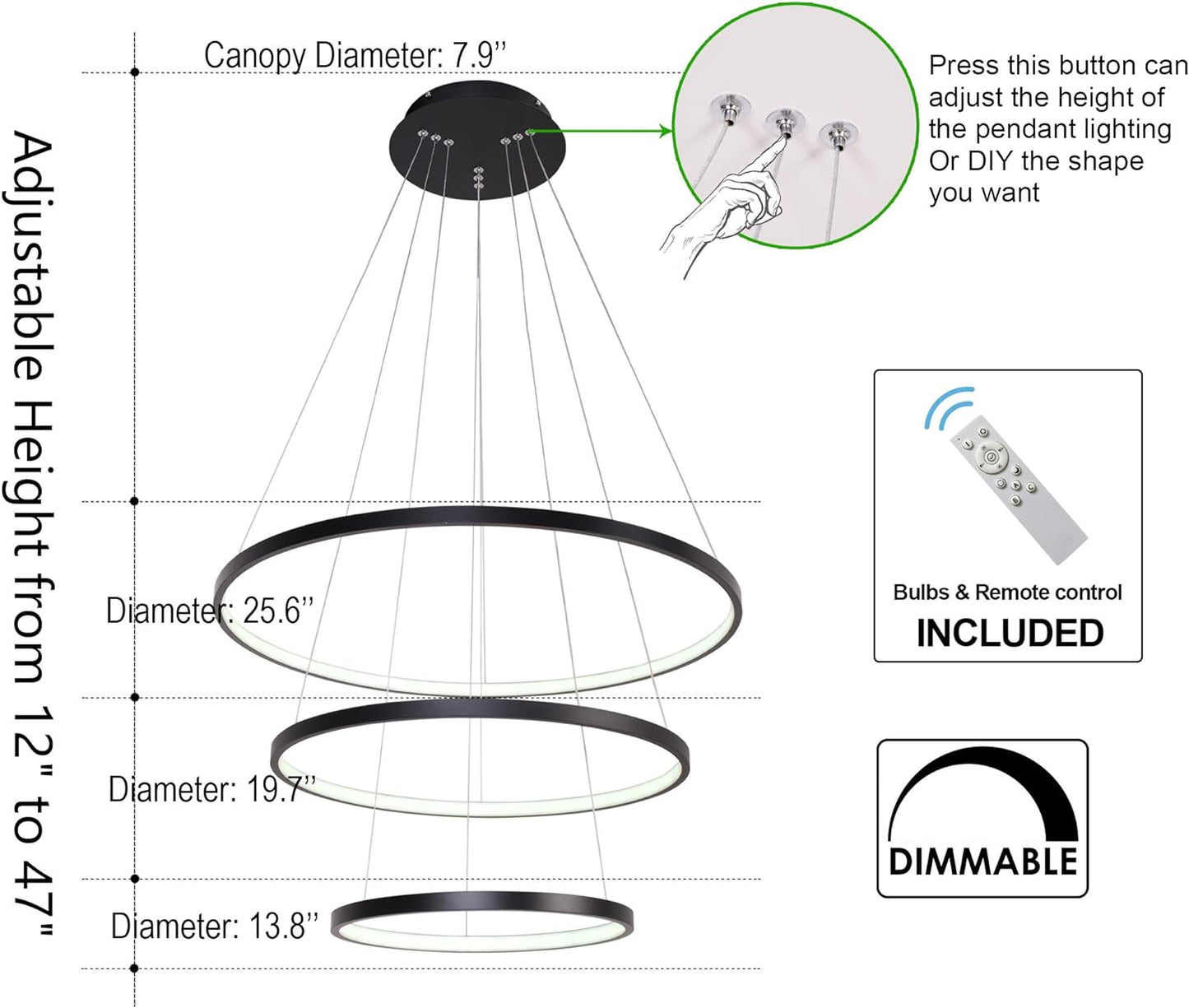 Dimmable Modern LED 3-Ring Chandelier - Sleek Ceiling Light for Dining Room, Living Room, and Bedroom - Contemporary Black & Cool White Design