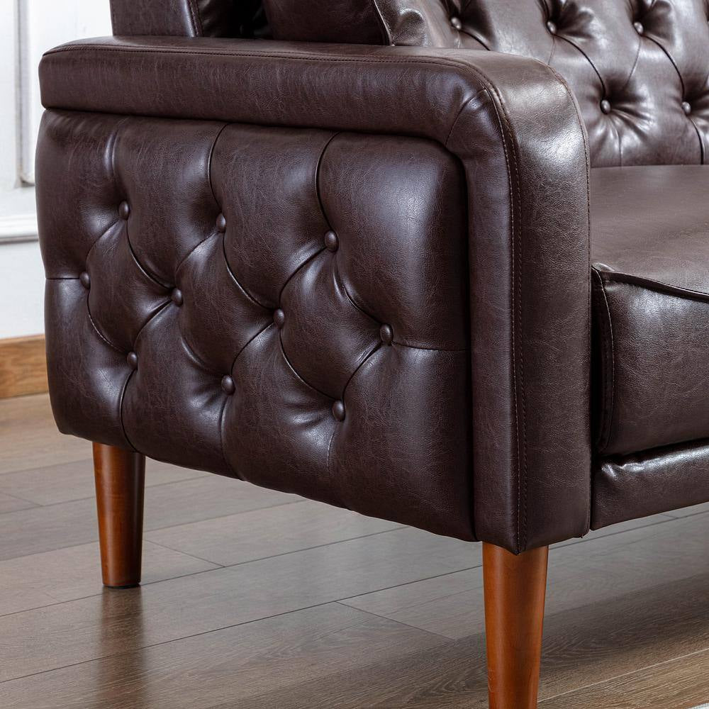 78 In. Wide Square Arm Faux Leather Mid-Century Modern Straight Tufted Sofa with Pillows in Brown