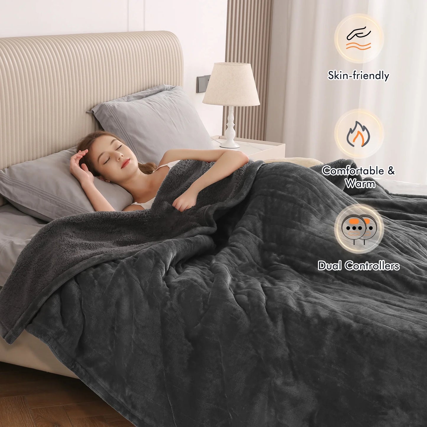 Luxurious Queen Size Electric Heated Blanket - Fast Heating, Dual Controllers, 10 Levels & Timers, Preheat Function, Machine Washable - Cozy Gray