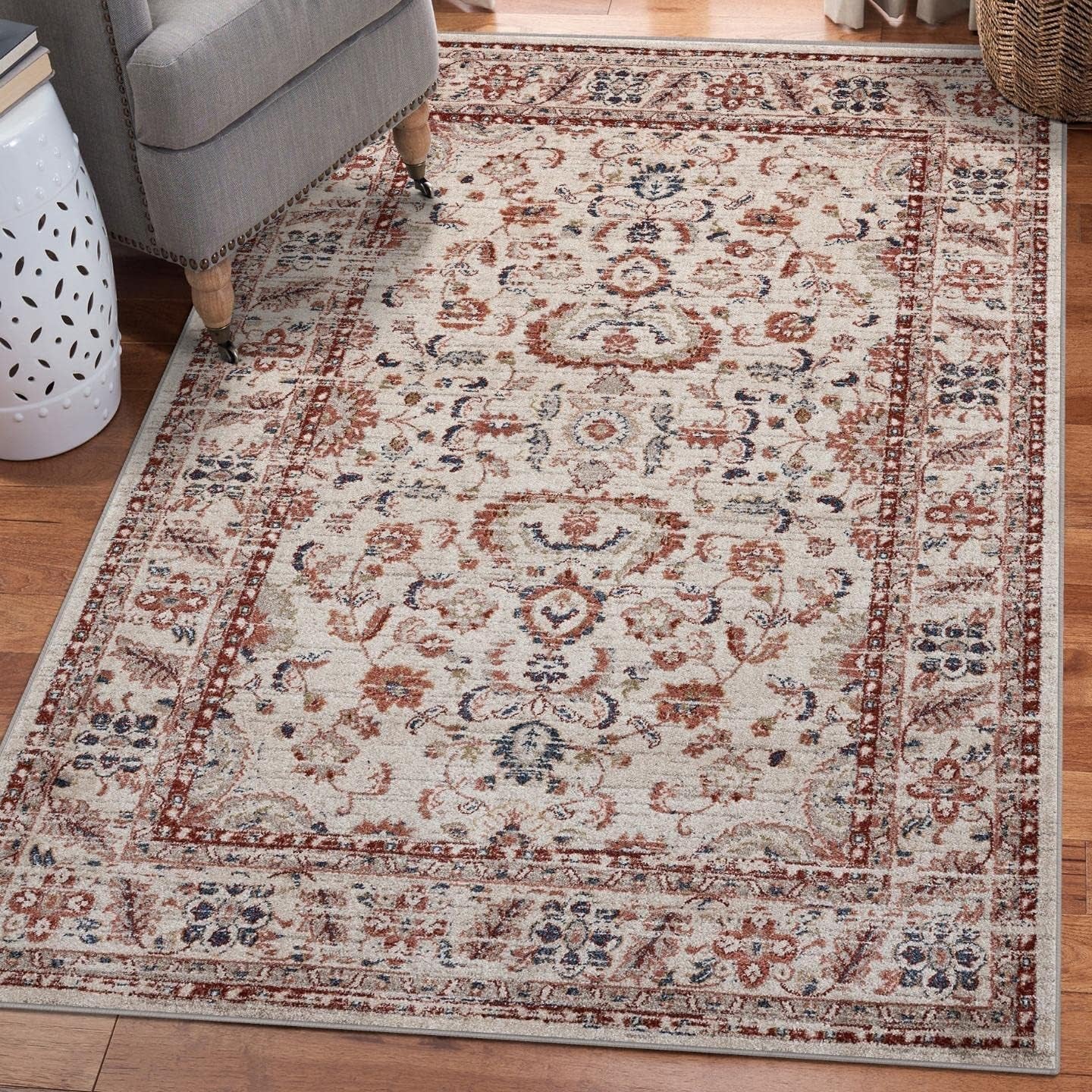 Contemporary Oriental Cream 5X7 Area Rug Non-Shedding Carpet