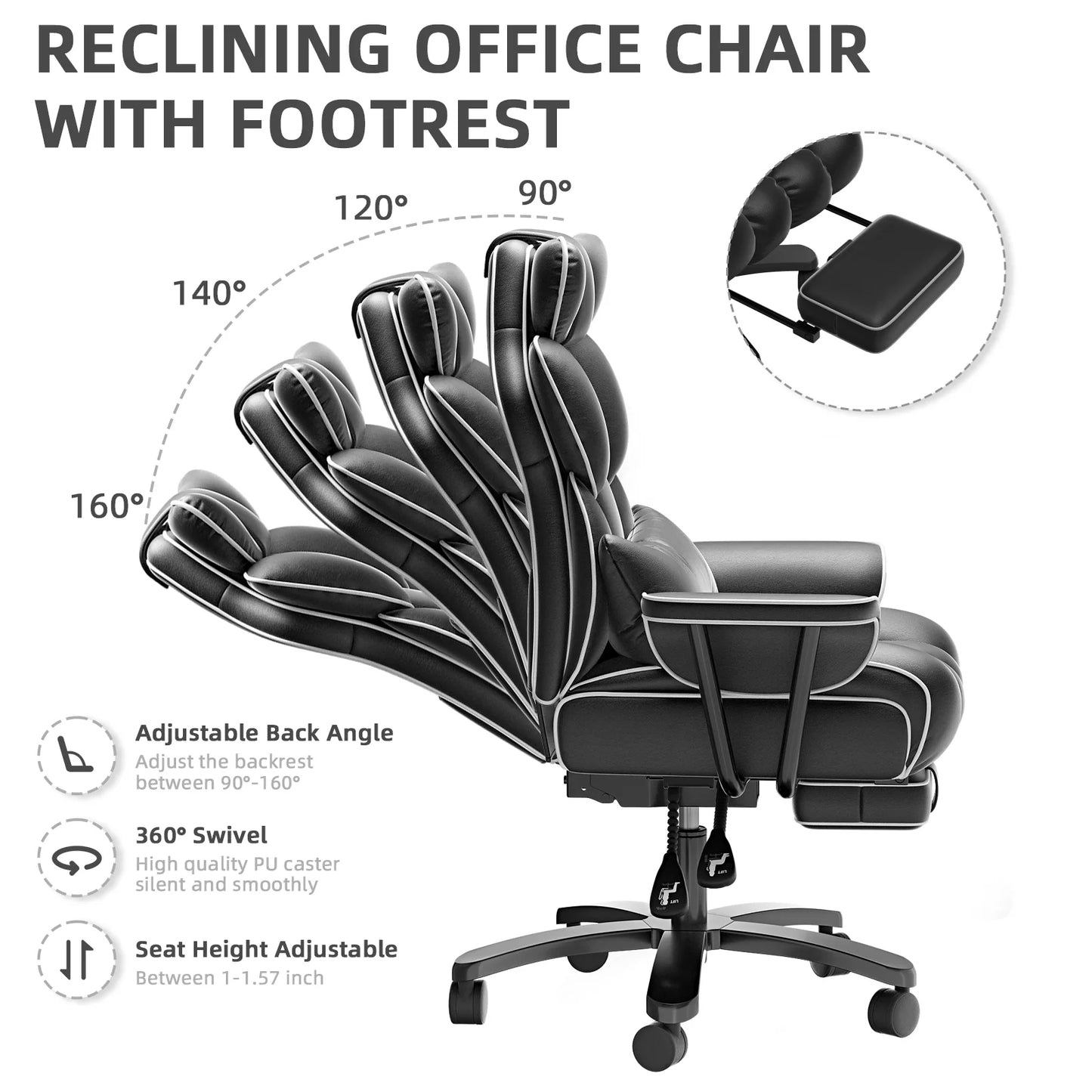 Big and Tall Executive Office Chair, Ergonomic PU Leather Office Chair, Reclining Office Chair with Footrest, Heavy Duty Desk Chair, Black