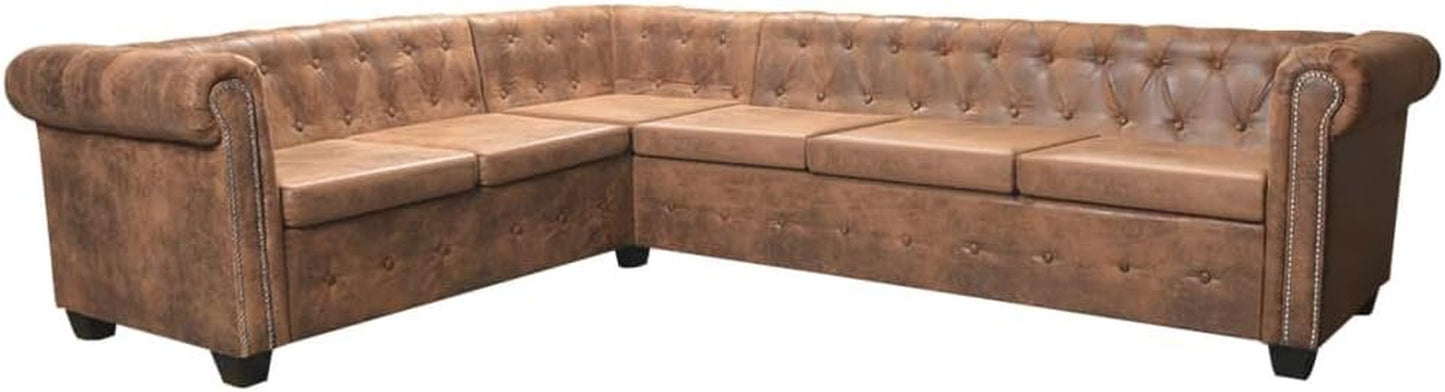 Chesterfield Corner Sofa, L Shape 6-Seater Sectional Sofa Faux Leather with Cushions Brown