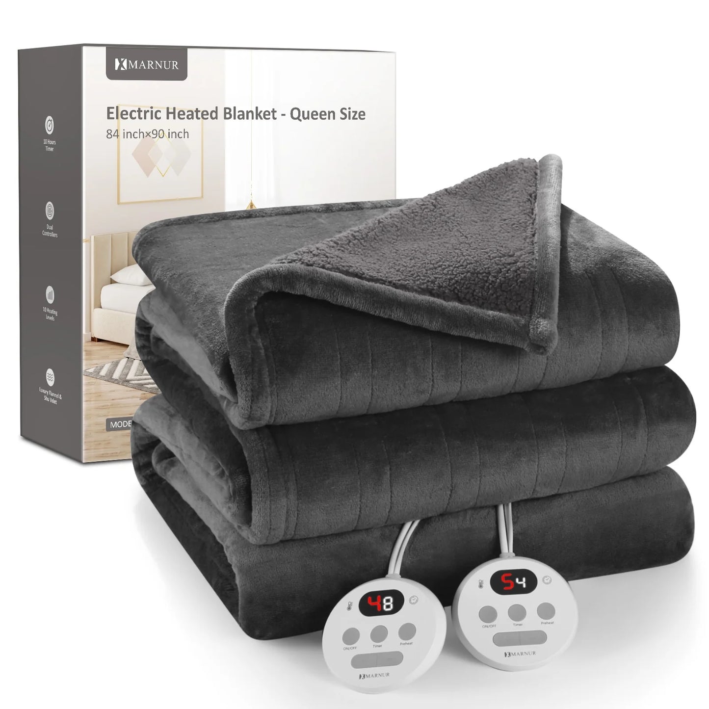 Luxurious Queen Size Electric Heated Blanket - Fast Heating, Dual Controllers, 10 Levels & Timers, Preheat Function, Machine Washable - Cozy Gray