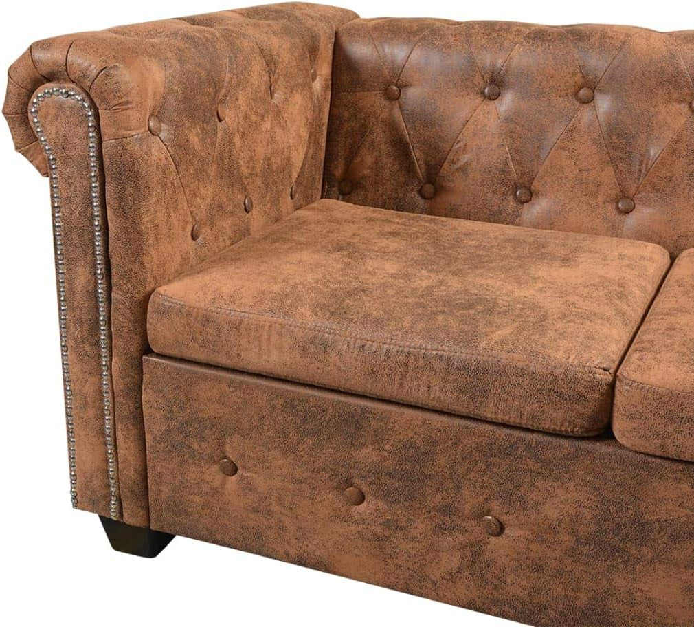 Chesterfield Corner Sofa, L Shape 6-Seater Sectional Sofa Faux Leather with Cushions Brown