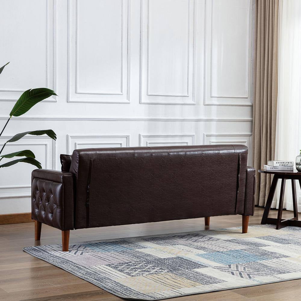 78 In. Wide Square Arm Faux Leather Mid-Century Modern Straight Tufted Sofa with Pillows in Brown