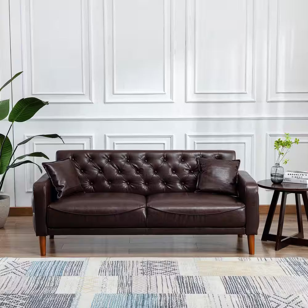78 In. Wide Square Arm Faux Leather Mid-Century Modern Straight Tufted Sofa with Pillows in Brown