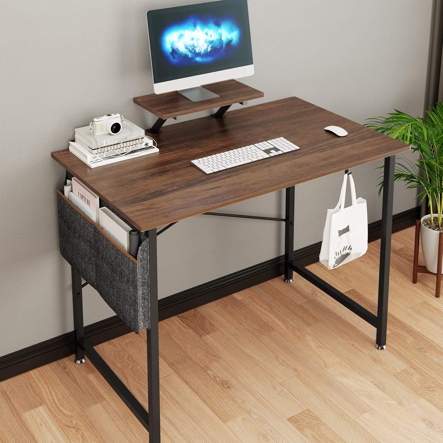 Computer Desk, 39 Inches Modern Sturdy Office Desks with Storage Pocket and Monitor Shelf Small Writing Table for Home Office, Retro Brown,Ftofod-9005