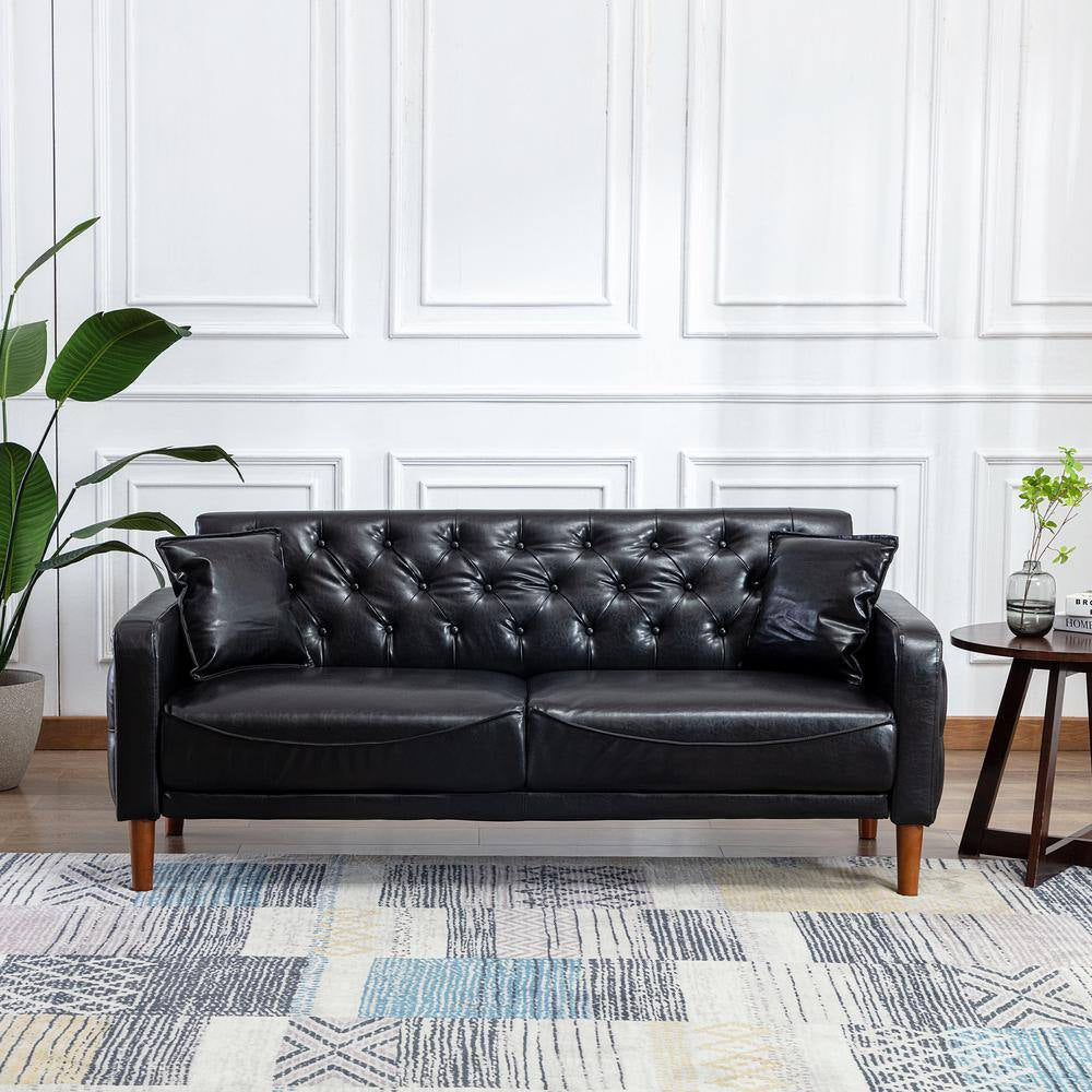 78 In. Wide Square Arm Faux Leather Mid-Century Modern Straight Tufted Sofa with Pillows in Black