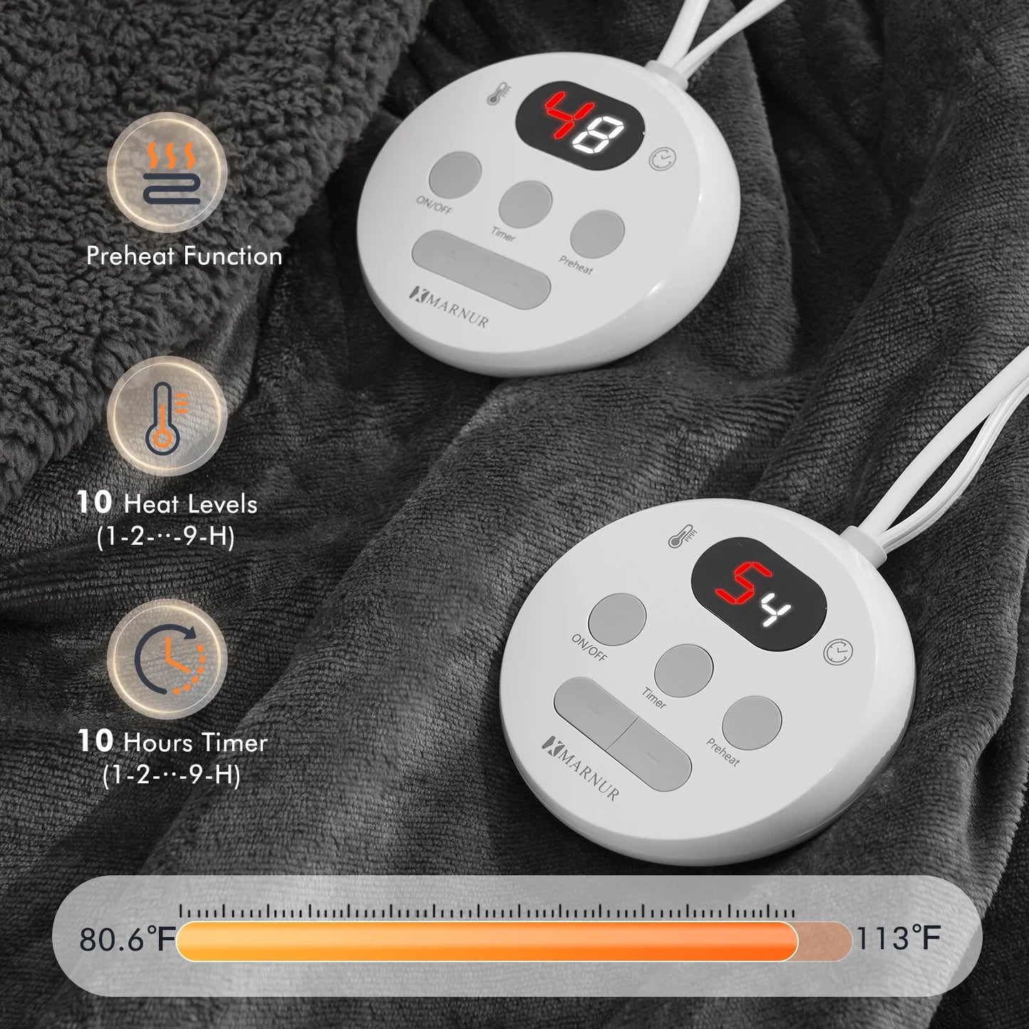 Luxurious Queen Size Electric Heated Blanket - Fast Heating, Dual Controllers, 10 Levels & Timers, Preheat Function, Machine Washable - Cozy Gray