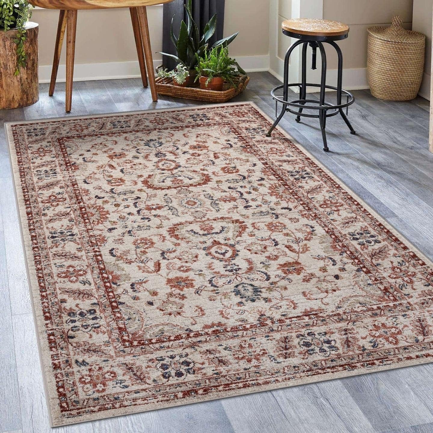 Contemporary Oriental Cream 5X7 Area Rug Non-Shedding Carpet