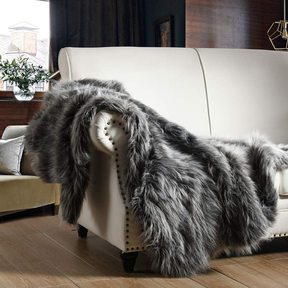 Luxury Faux Fur Throw Blanket, Grey and Black High Pile Mixed Throw Blanket, Super Warm, Fuzzy, Elegant, Fluffy Decoration Blanket Scarf for Sofa, Couch and Bed, 50''X 60''