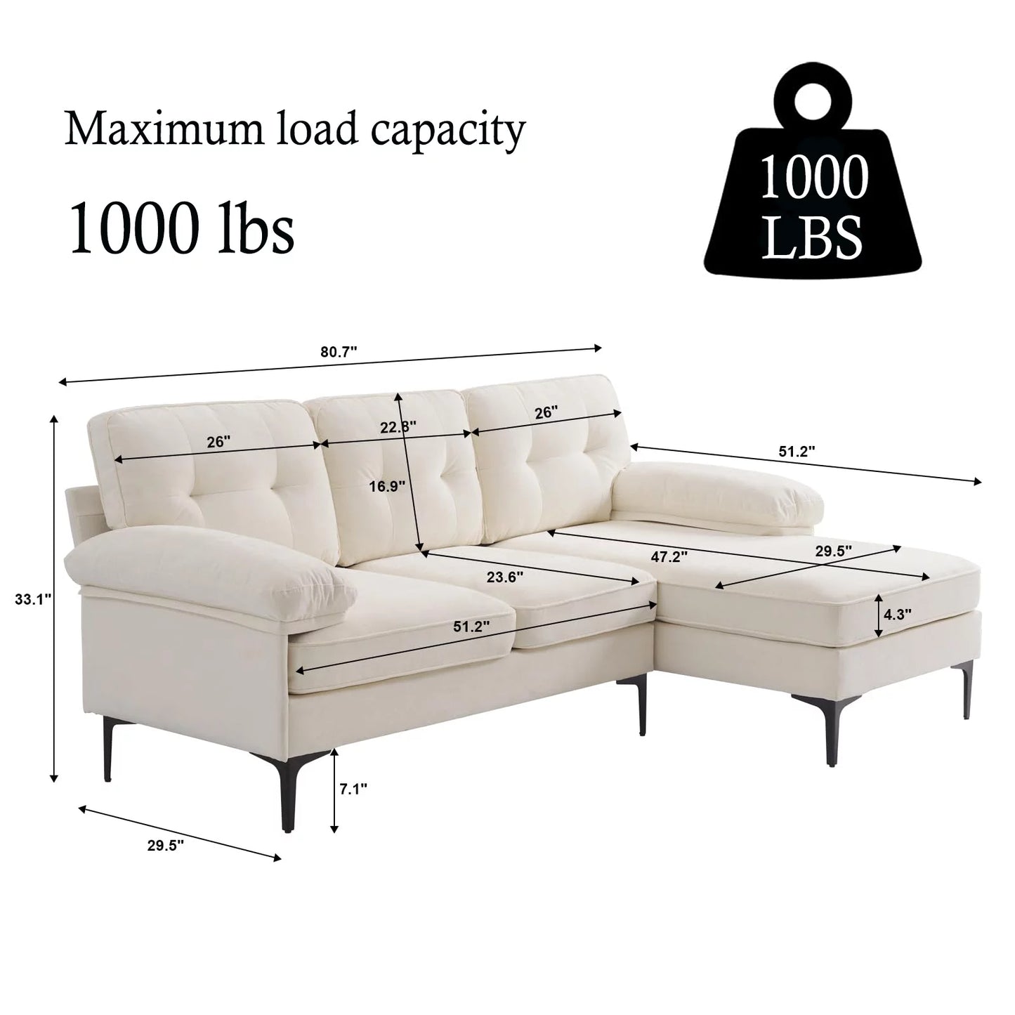 Convertible Sectional Sofa Couch, L-Shaped Couch with Reversible Chaise Lounge, Chenille Fabric Modern Sofa for Living Room, Apartment, Office, 3 Seats, White