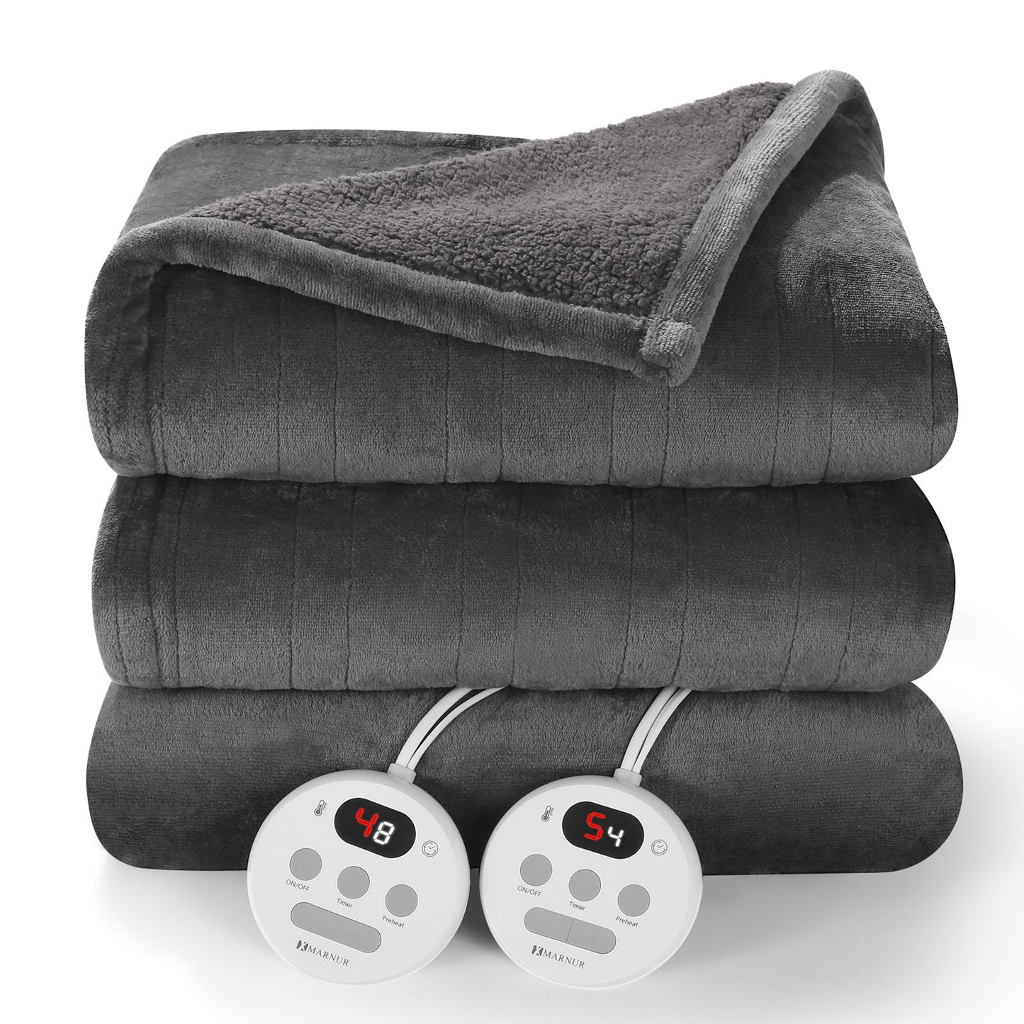 Luxurious Queen Size Electric Heated Blanket - Fast Heating, Dual Controllers, 10 Levels & Timers, Preheat Function, Machine Washable - Cozy Gray