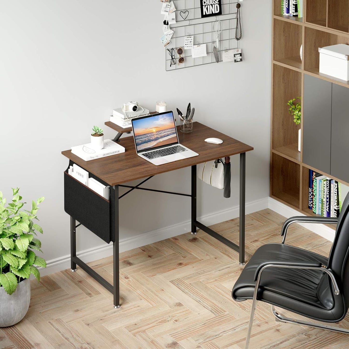Computer Desk, 39 Inches Modern Sturdy Office Desks with Storage Pocket and Monitor Shelf Small Writing Table for Home Office, Retro Brown,Ftofod-9005