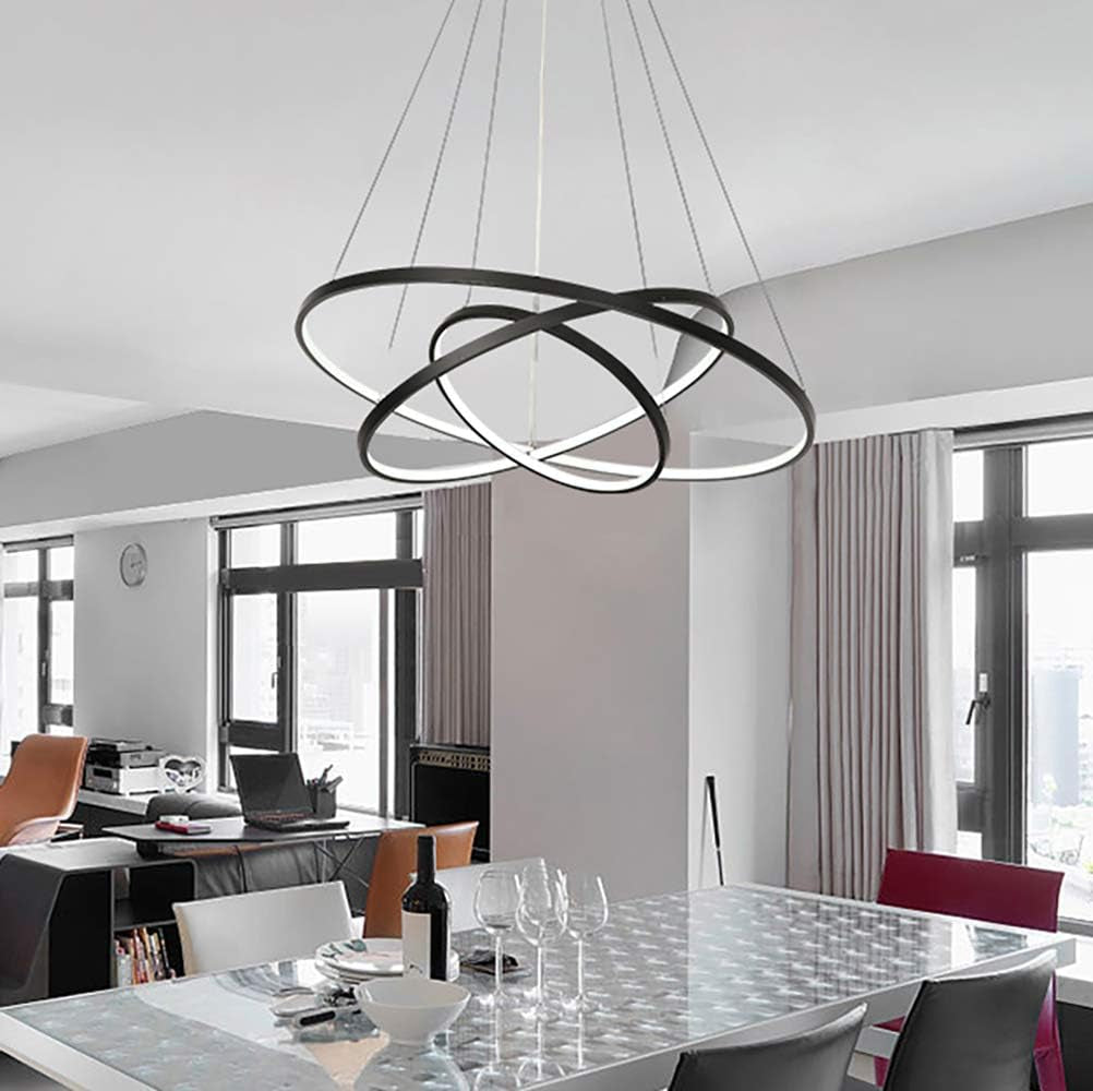 Dimmable Modern LED 3-Ring Chandelier - Sleek Ceiling Light for Dining Room, Living Room, and Bedroom - Contemporary Black & Cool White Design