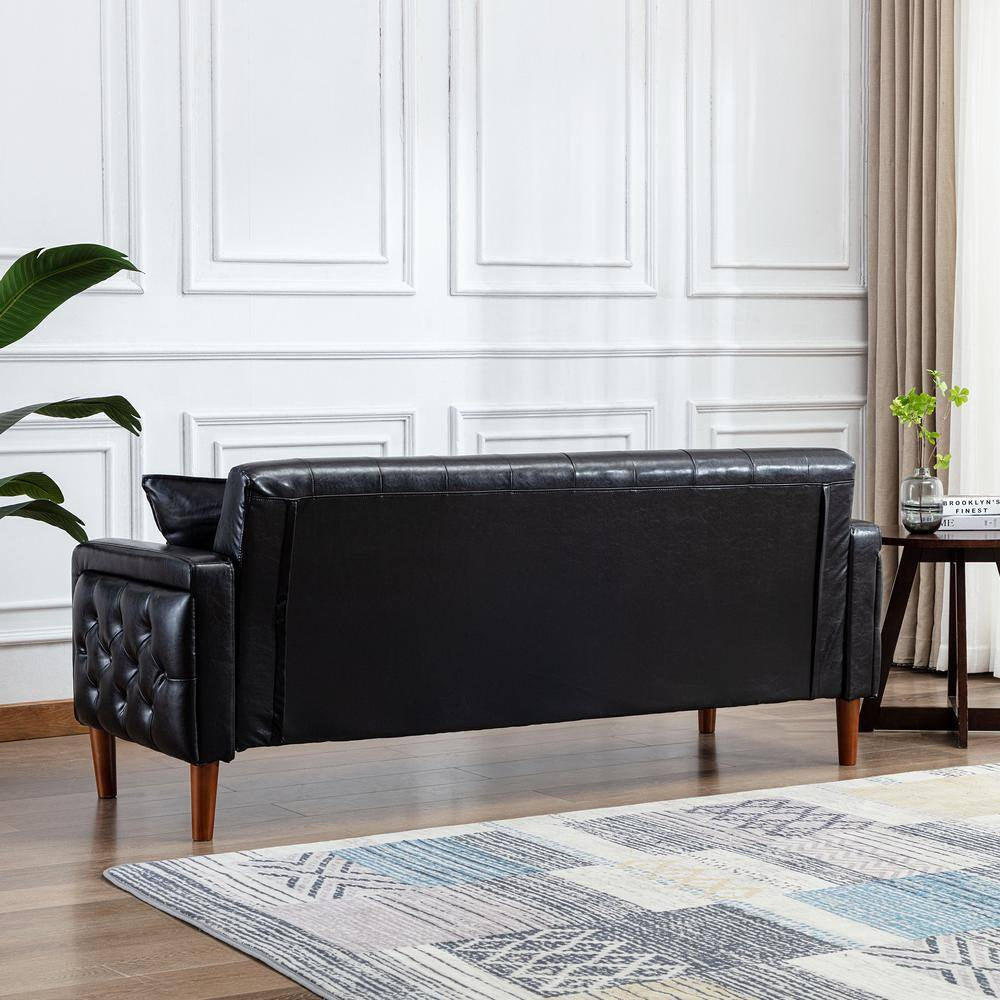 78 In. Wide Square Arm Faux Leather Mid-Century Modern Straight Tufted Sofa with Pillows in Black