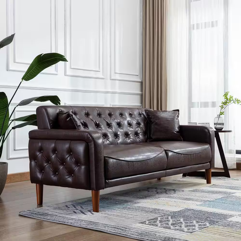 78 In. Wide Square Arm Faux Leather Mid-Century Modern Straight Tufted Sofa with Pillows in Brown