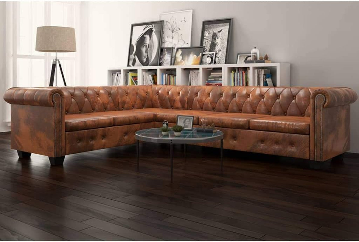 Chesterfield Corner Sofa, L Shape 6-Seater Sectional Sofa Faux Leather with Cushions Brown
