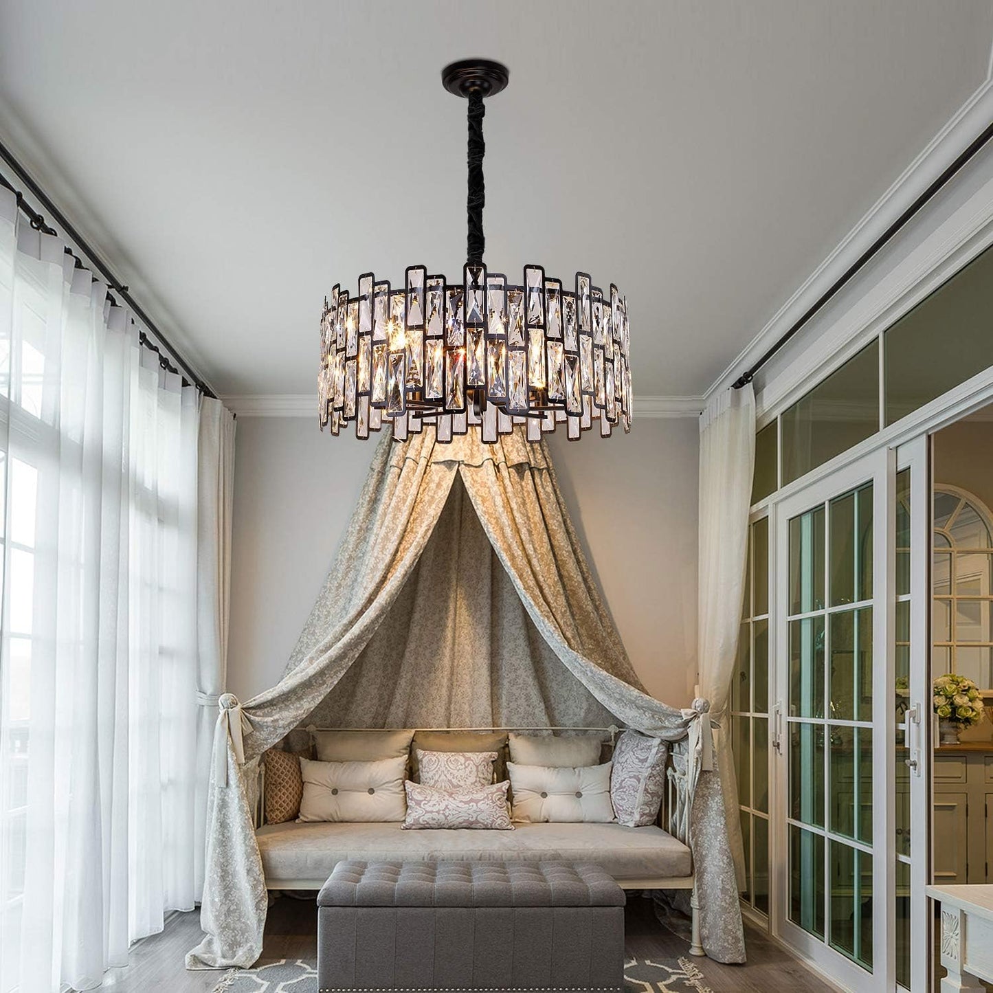 Crystal Chandeliers Modern Luxury K9 Crystal Lighting Fixture Ceiling Lights with E12 Diameter 23.62 Inch 12-Lights for Living Dining Room Bedroom Kitchen Matte Black Lighting Fixtures