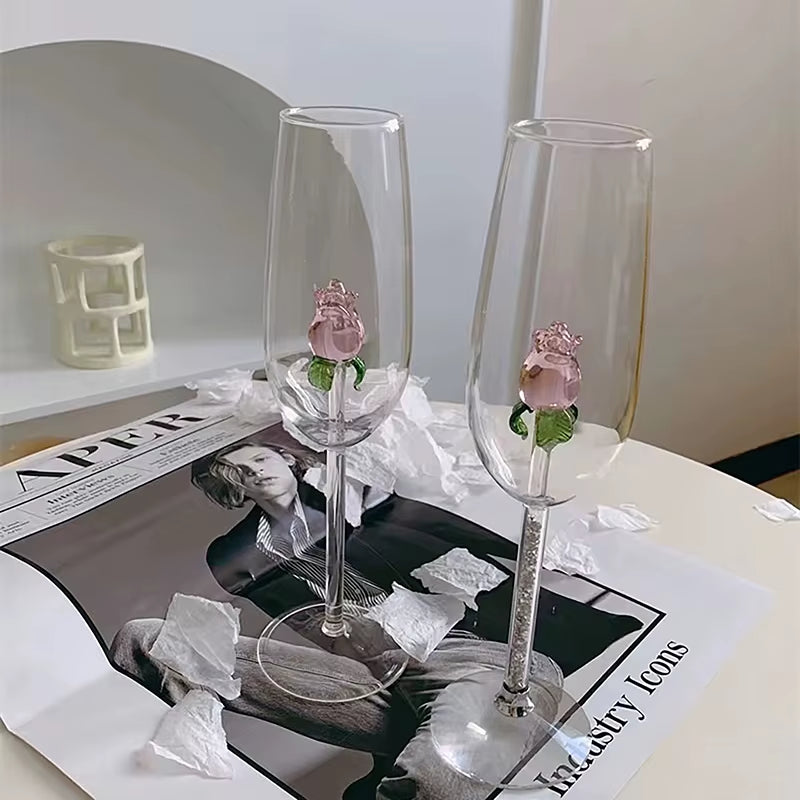 Creative 3D Pink Glass Rose Build-In Red White Wine Glasses Cup Drinkware Goblet Champagne Flute Household Lovely Valentine Gift