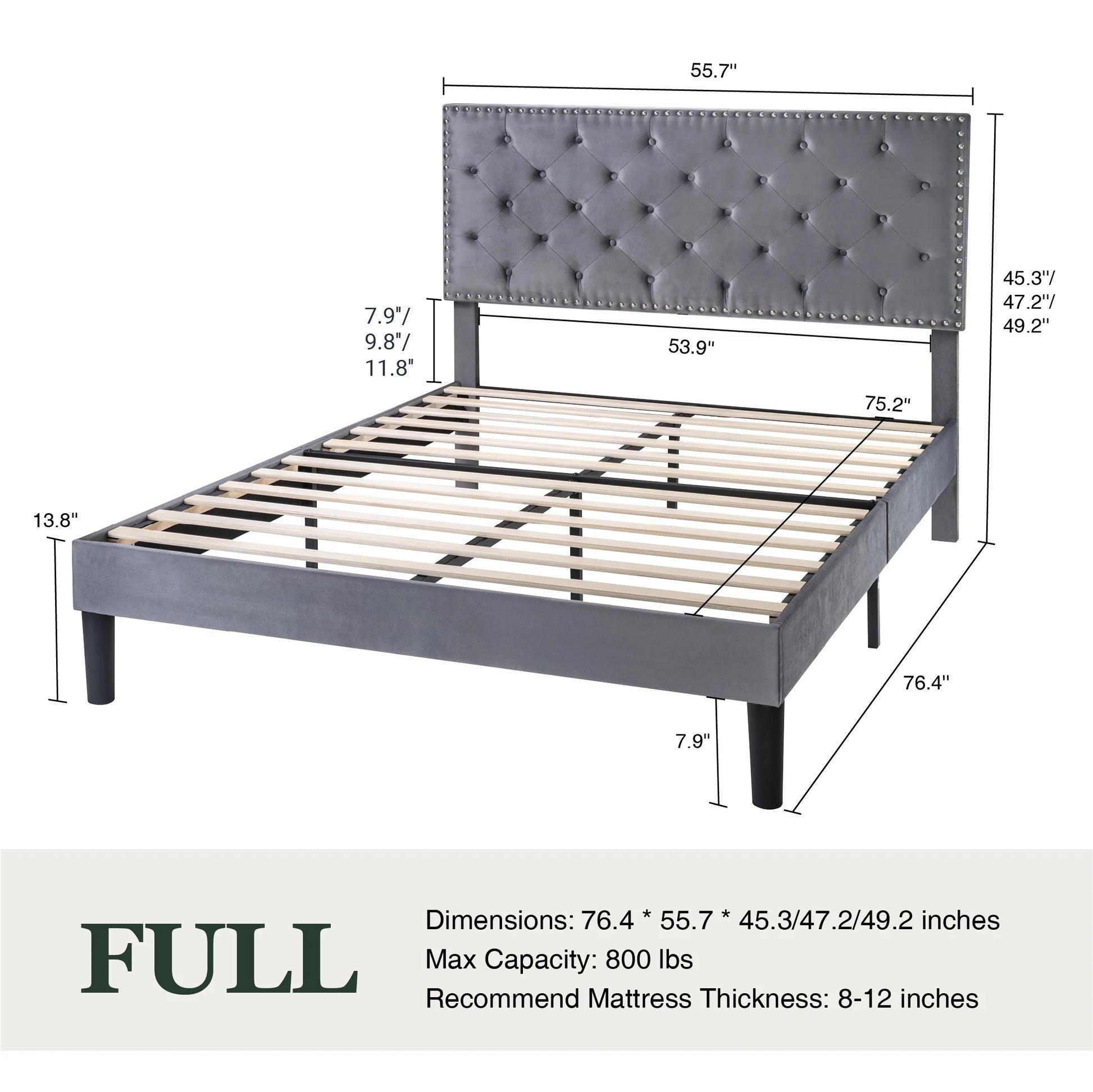 Full Bed Frame with Adjustable Velvet-Studded Headboard, Grey