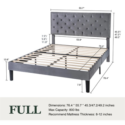 Full Bed Frame with Adjustable Velvet-Studded Headboard, Grey