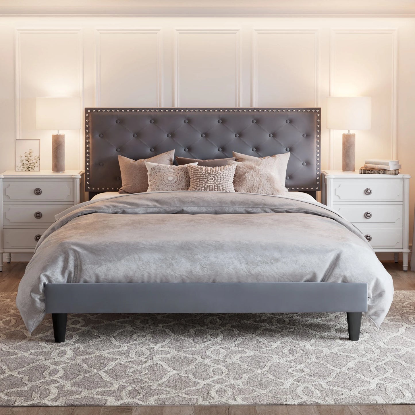 Full Bed Frame with Adjustable Velvet-Studded Headboard, Grey