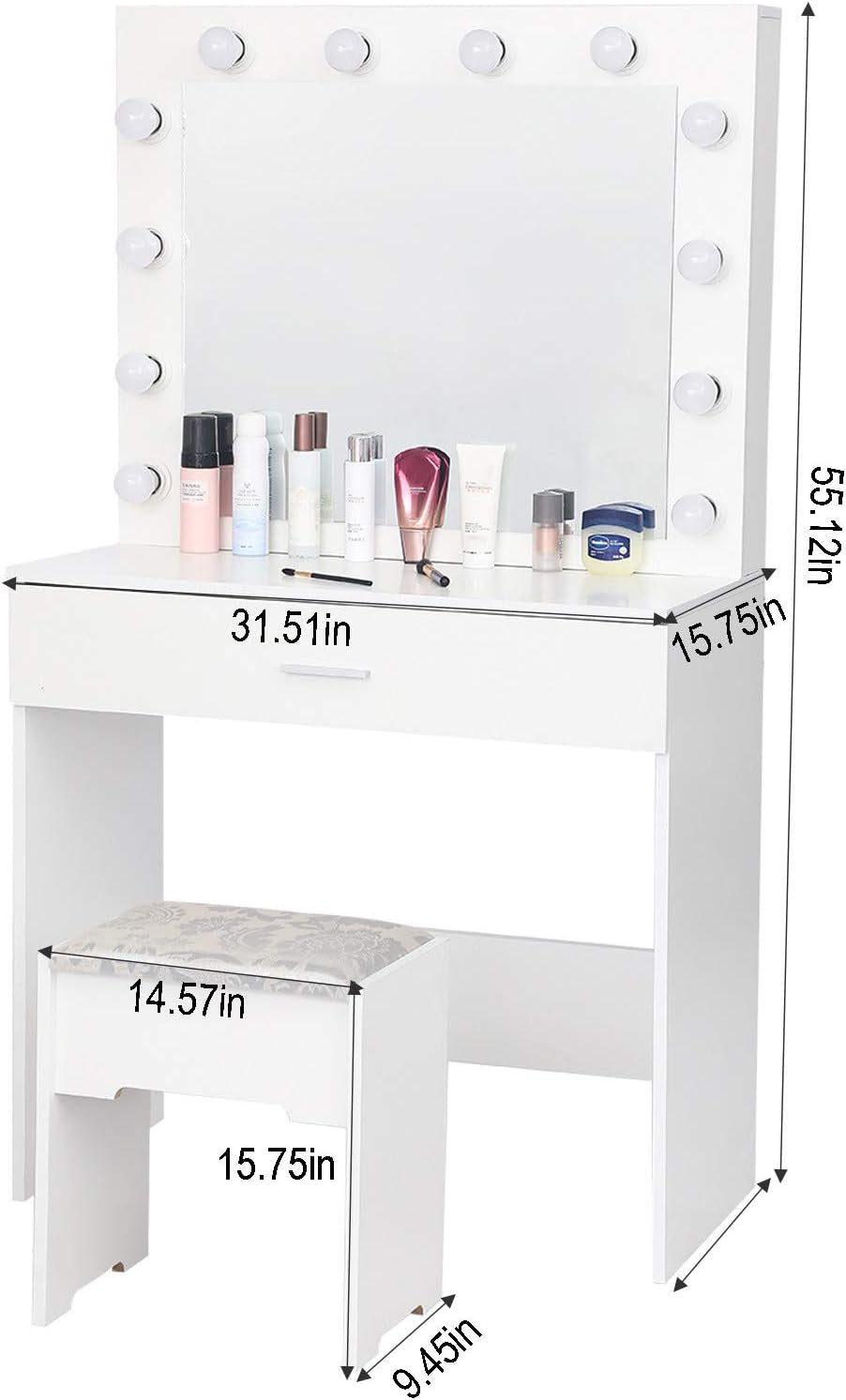 Vanity Table/Vanity Benches,Makeup Vanity Mirror with 12 Lights and Table Set for Bedroom,Vanity Desk with Drawers,Black/White Dresser,Vanity Chair (A-White), 321